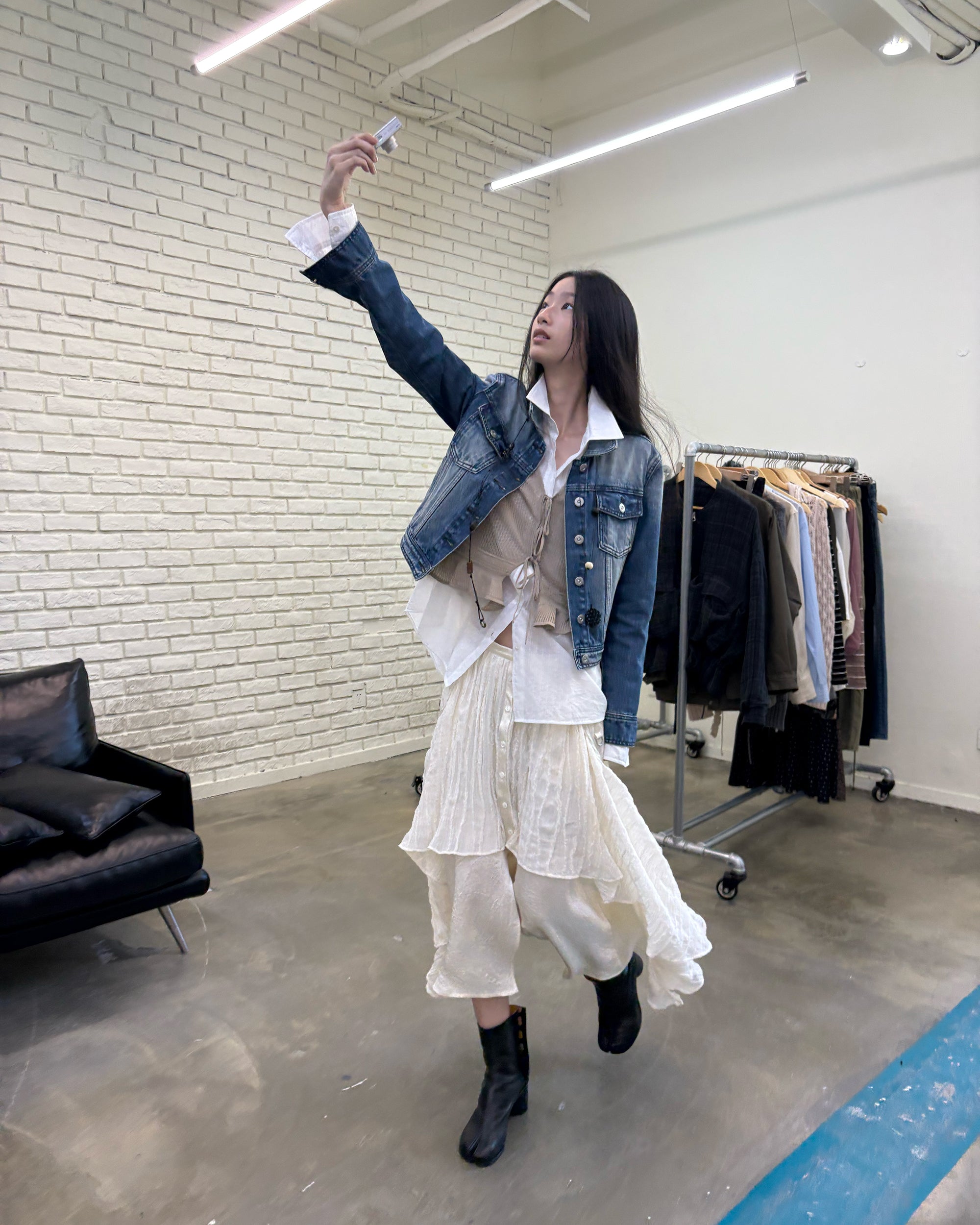 NEVERSEEZ Layered Shirt Hem Acetate Spliced Maxi Skirt