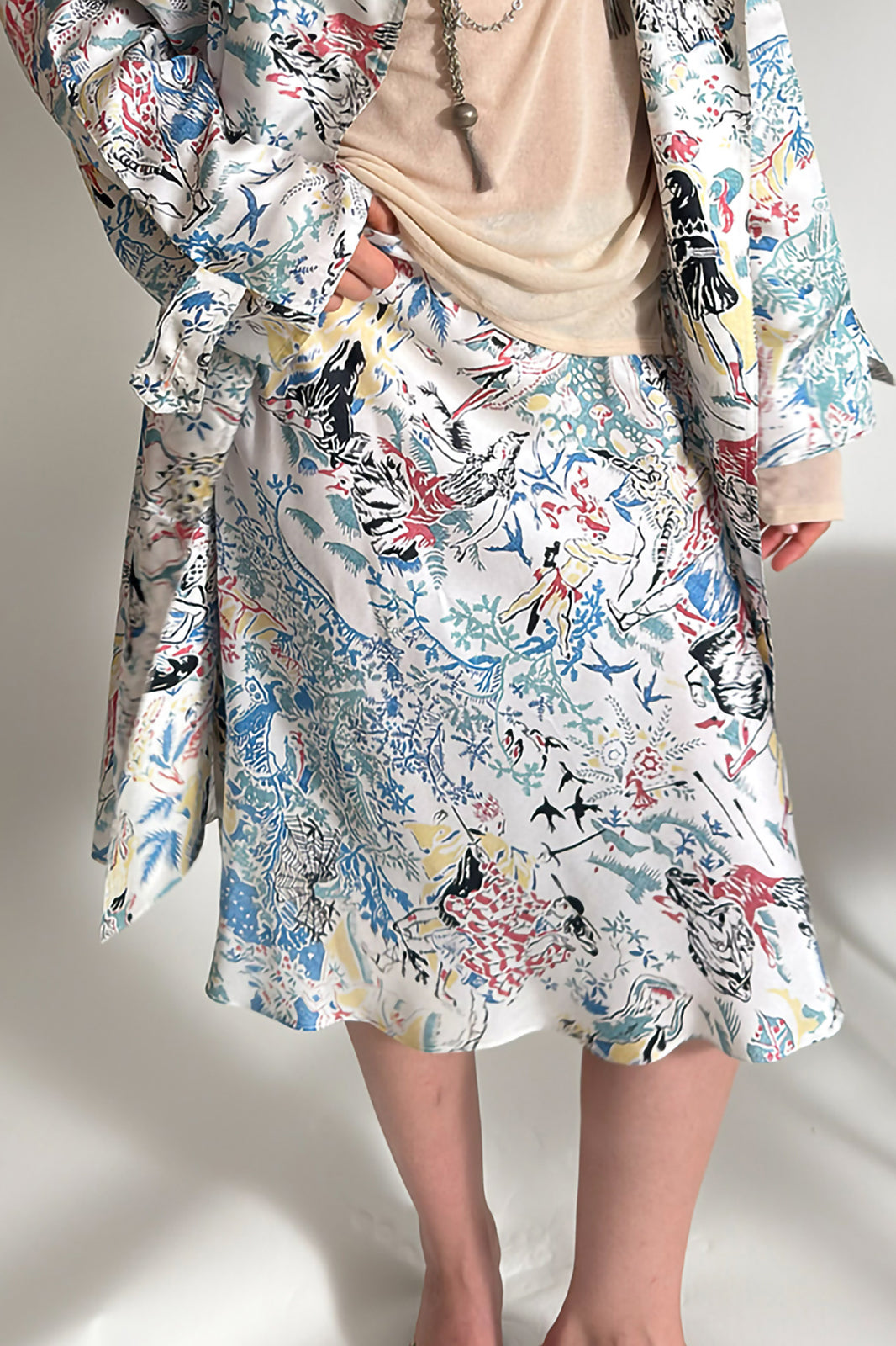 WINGFREE Retro Silk Floral Print Bias-Cut Midi Skirt