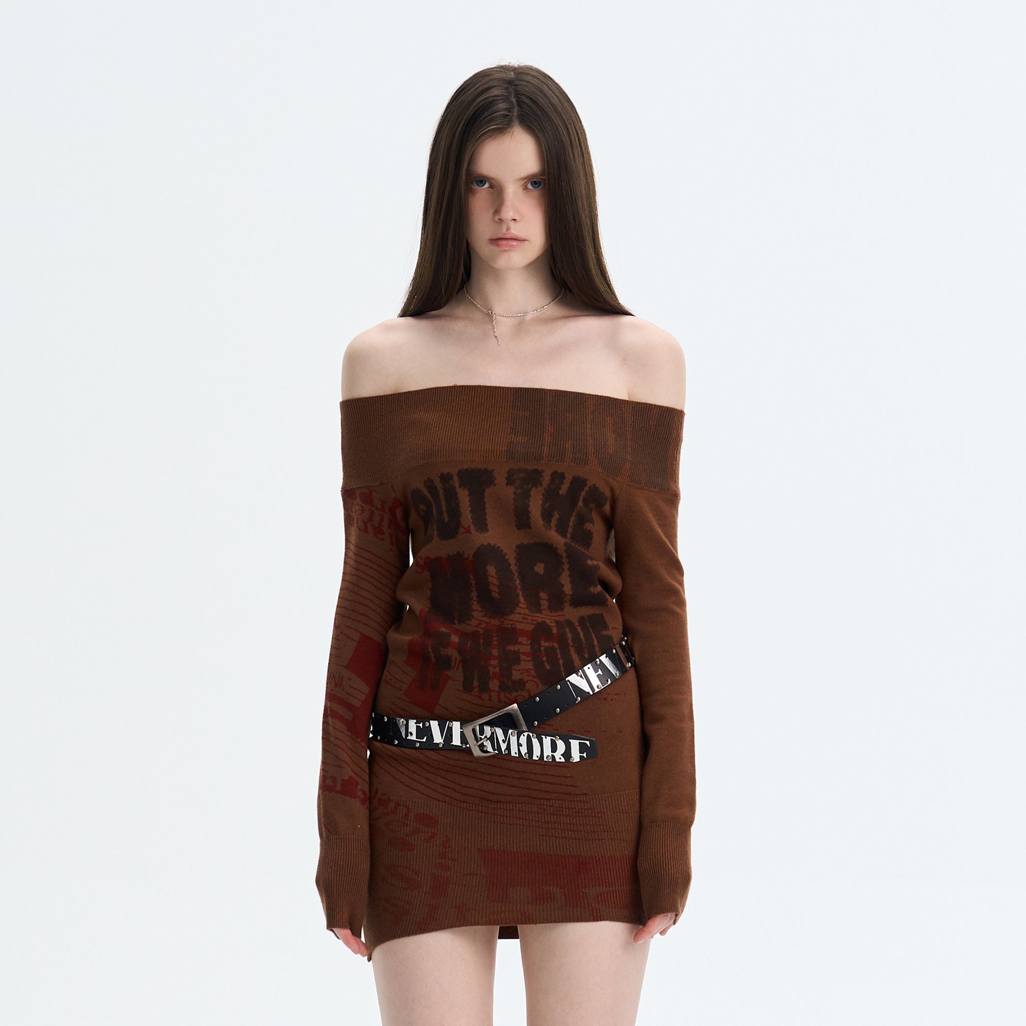 THE NEVERMORE Graphic Off-Shoulder Knit Mini Dress