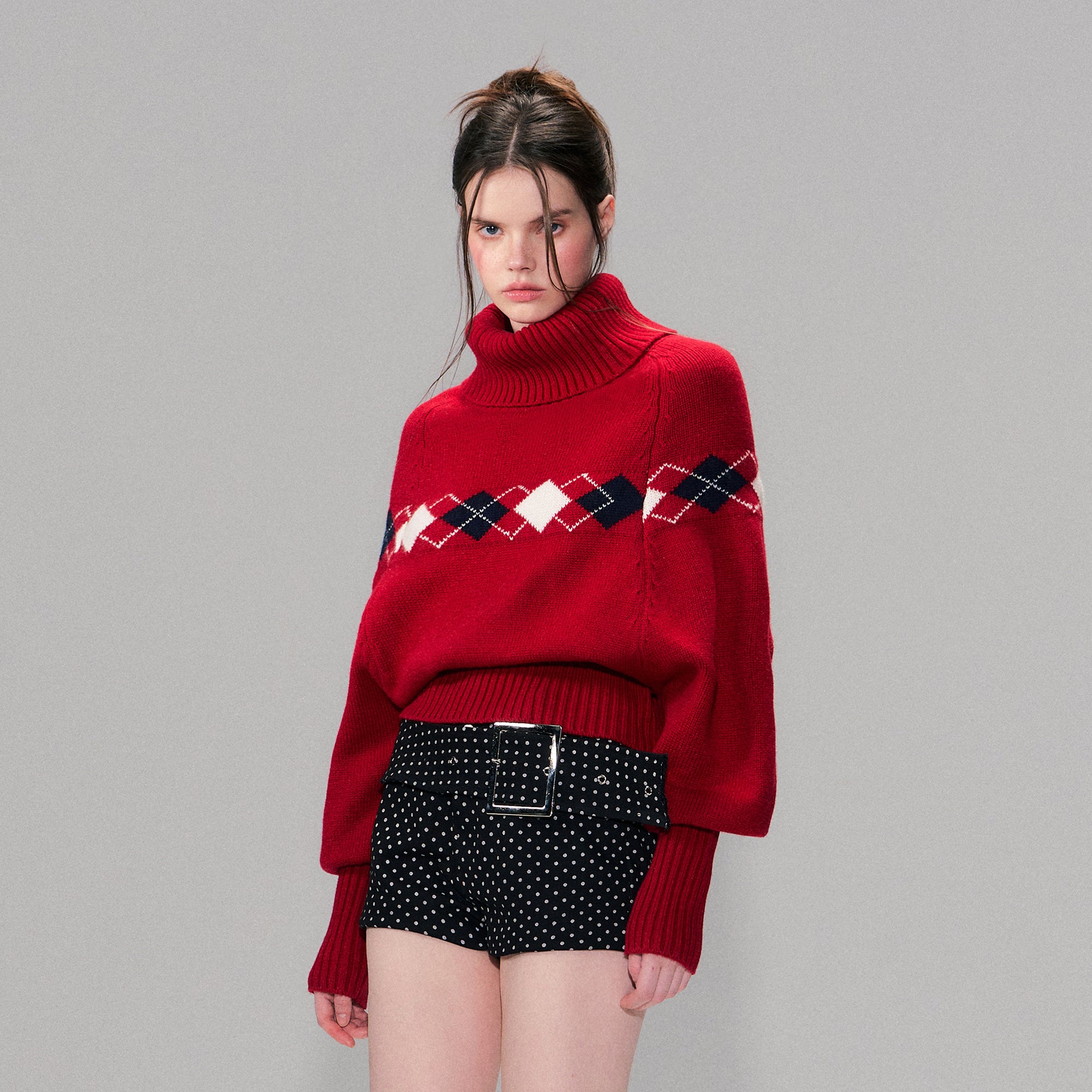 THE NEVERMORE Argyle Ribbed Balloon Sleeve Sweater