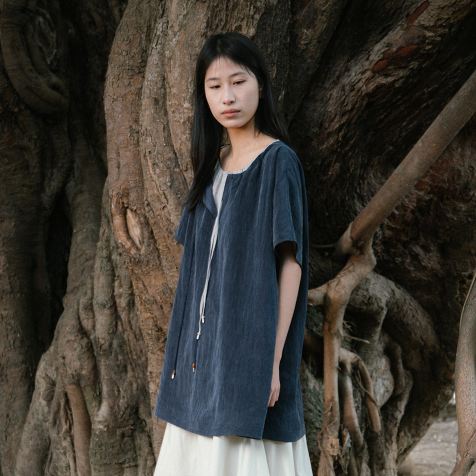 CAIRA Washed Drawstring Neck T-Shirt