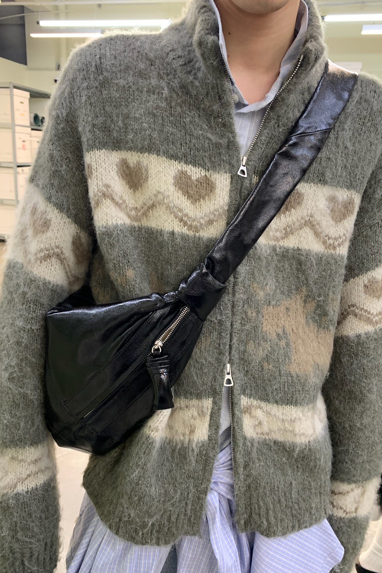 NEVERSEEZ Fuzzy Dog & Heart Jacquard Zip-Up Cardigan