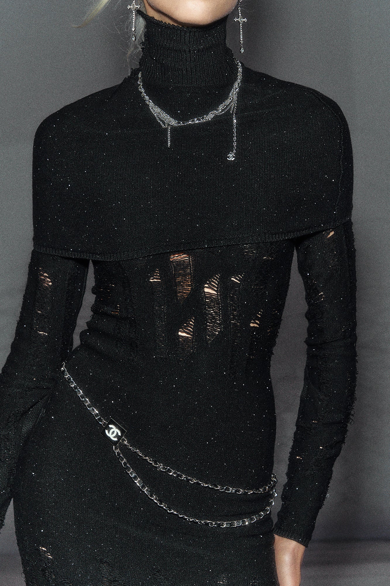 THE NEVERMORE Distressed Deep-V Knit Maxi Dress