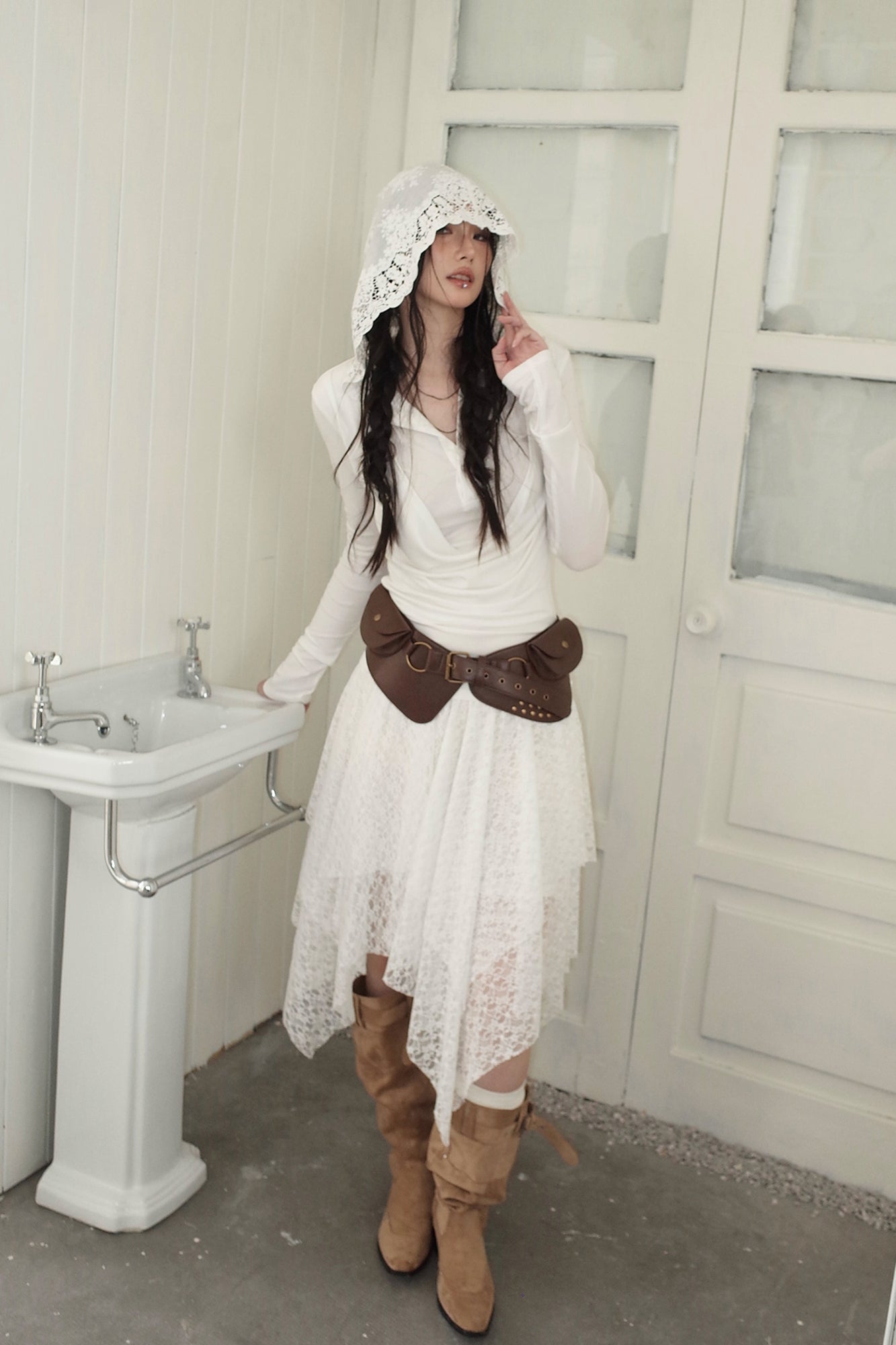 RIDK Layered Cowl Collar Lace Hooded Top