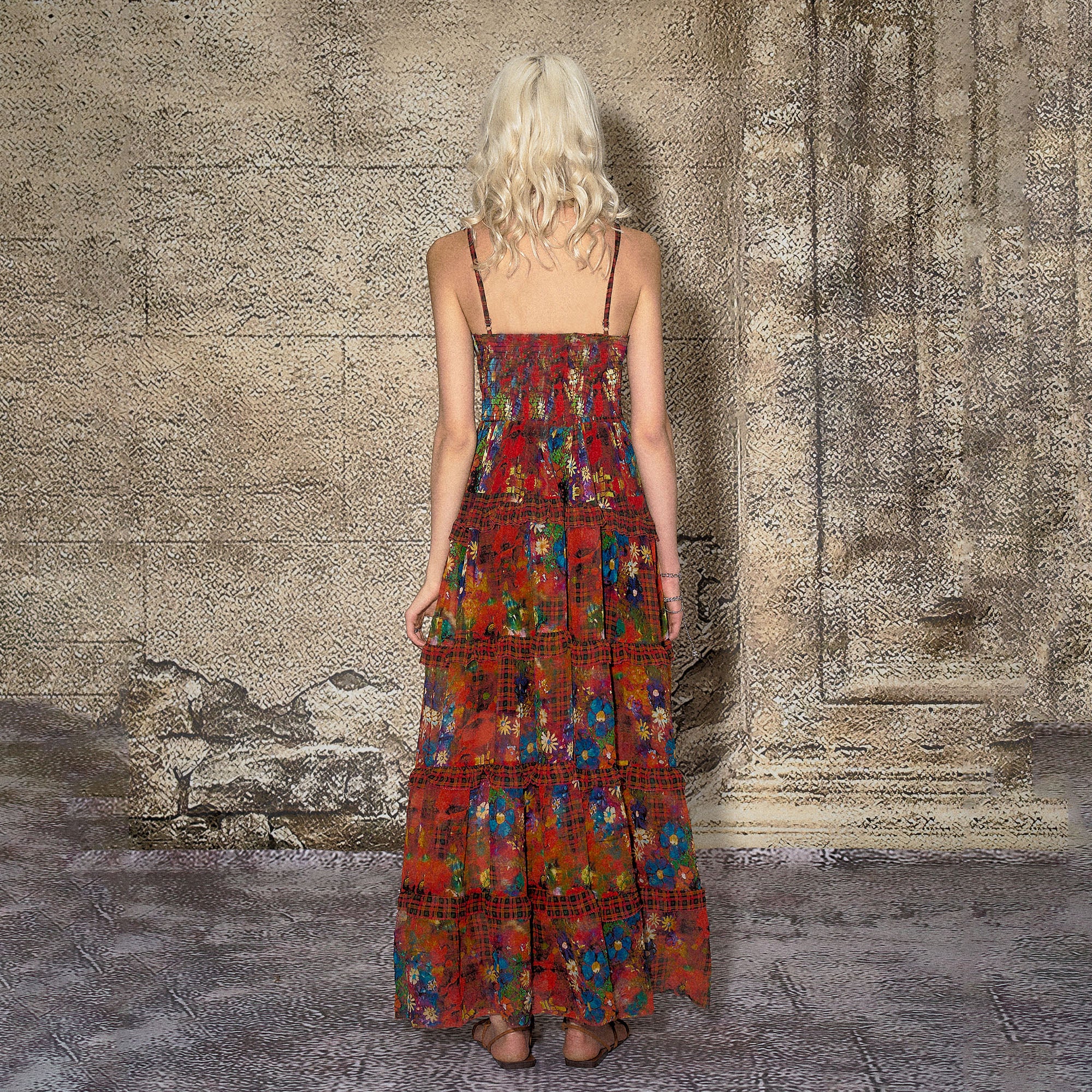 THE NEVERMORE Floral Plaid Tiered Maxi Dress
