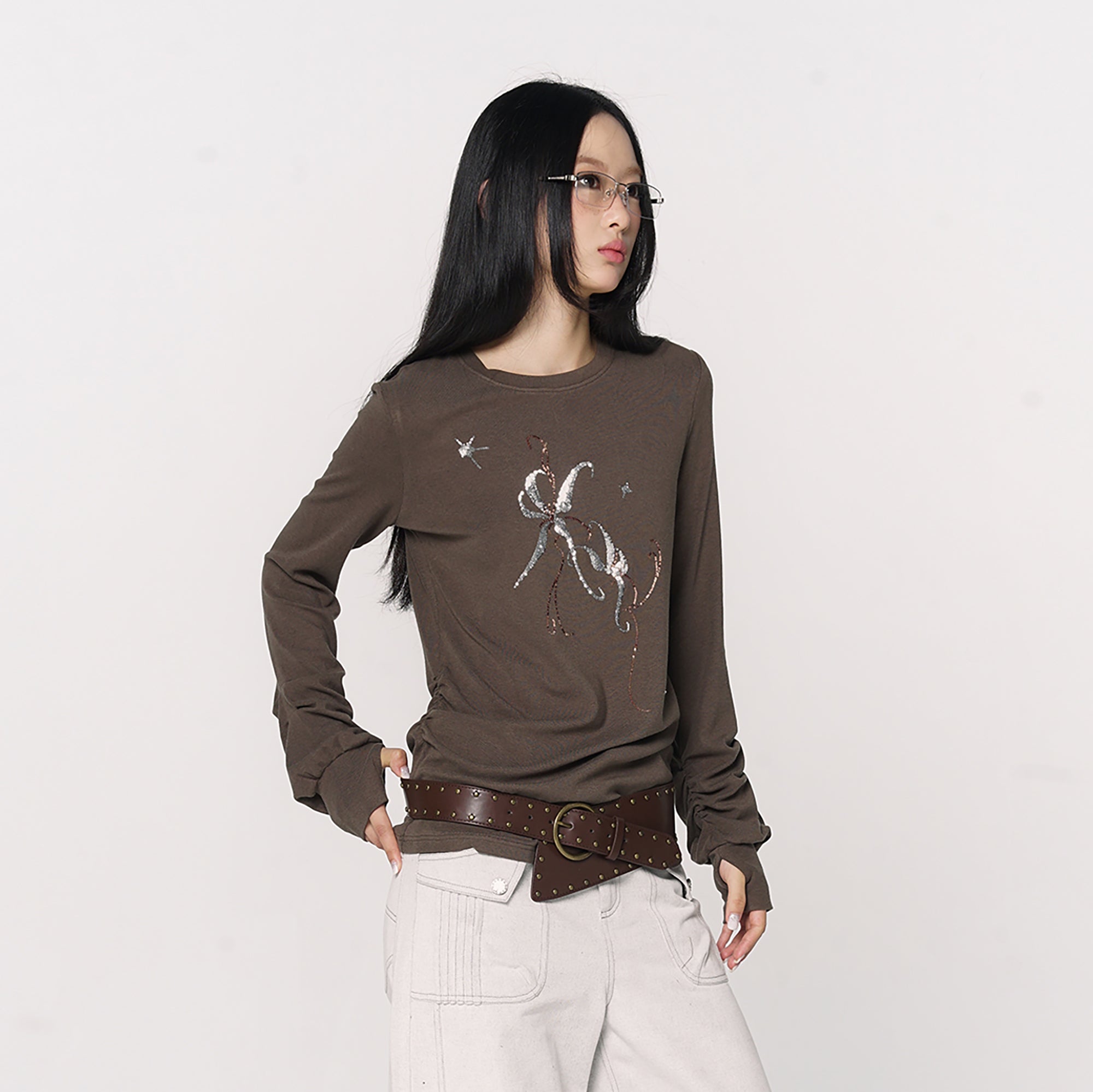 CONFUN Sequin Embroidered Ruched Long-Sleeve Tee
