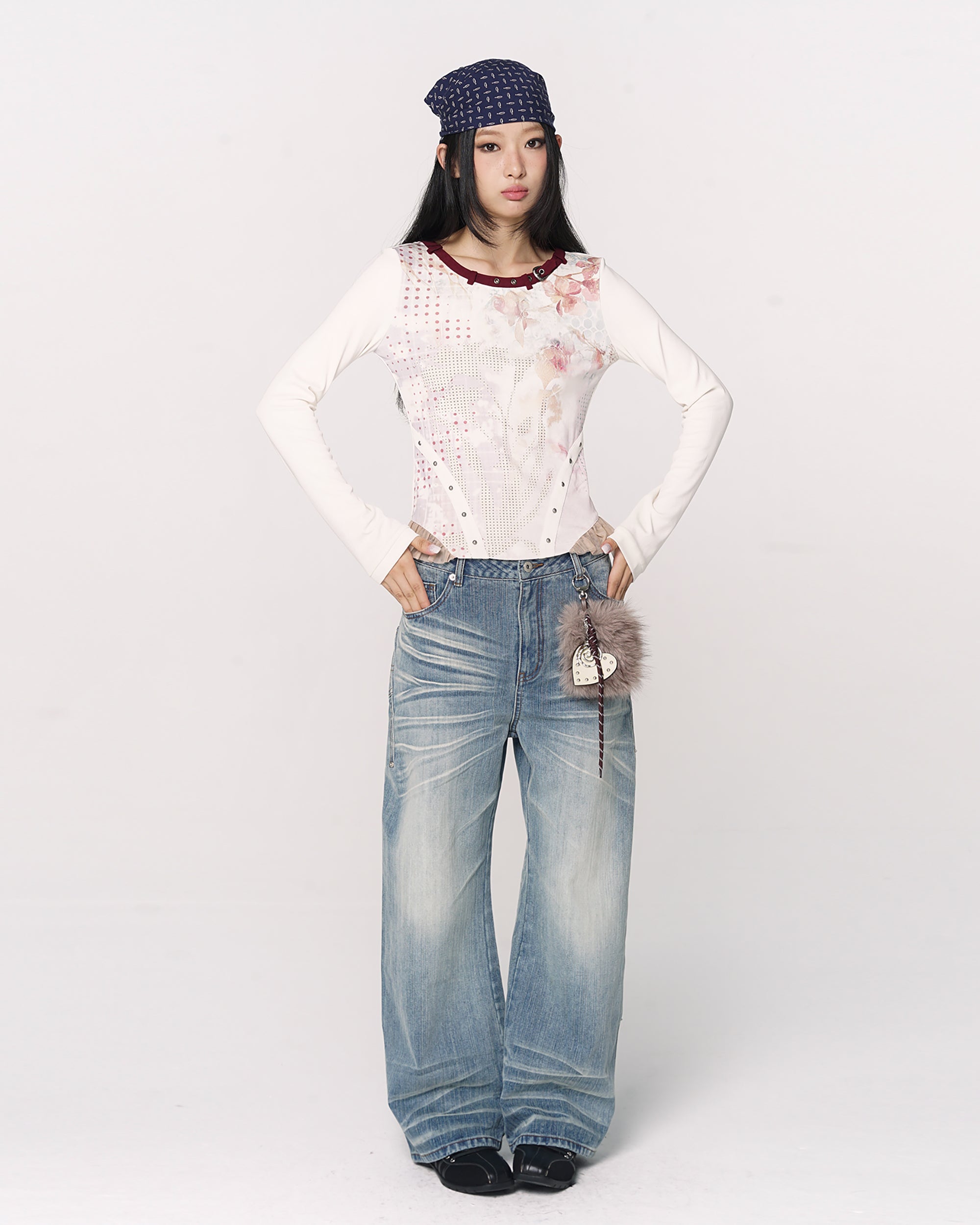 CONFUN Floral Full-Print Rivet Long-Sleeve Tee
