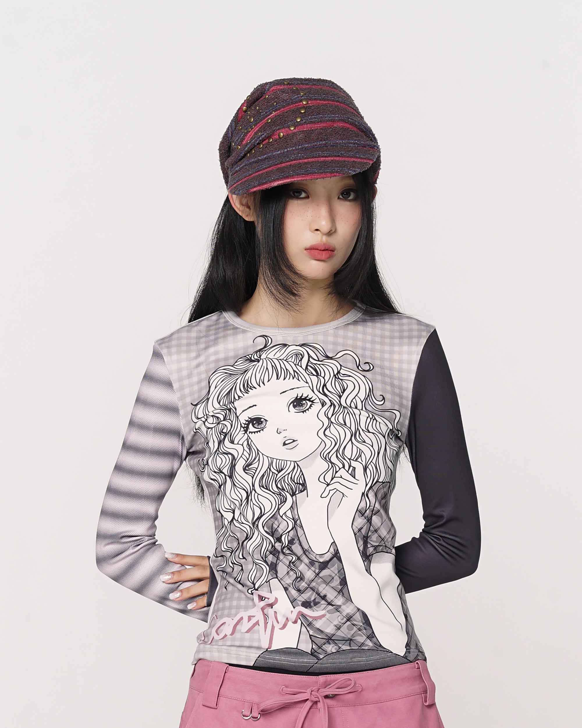 CONFUN Retro Studded Striped Slouchy Cap