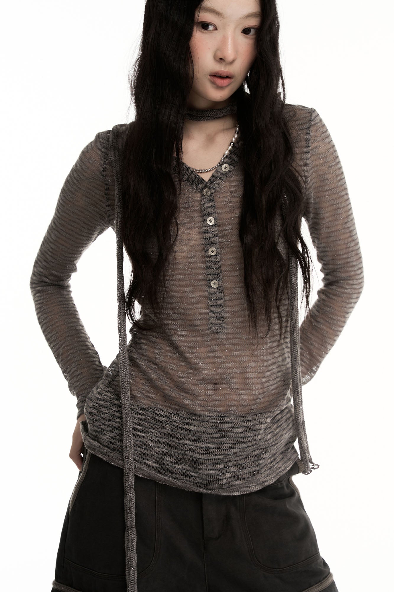 CONFUN Sheer Striped Long-Sleeve Polo Tee