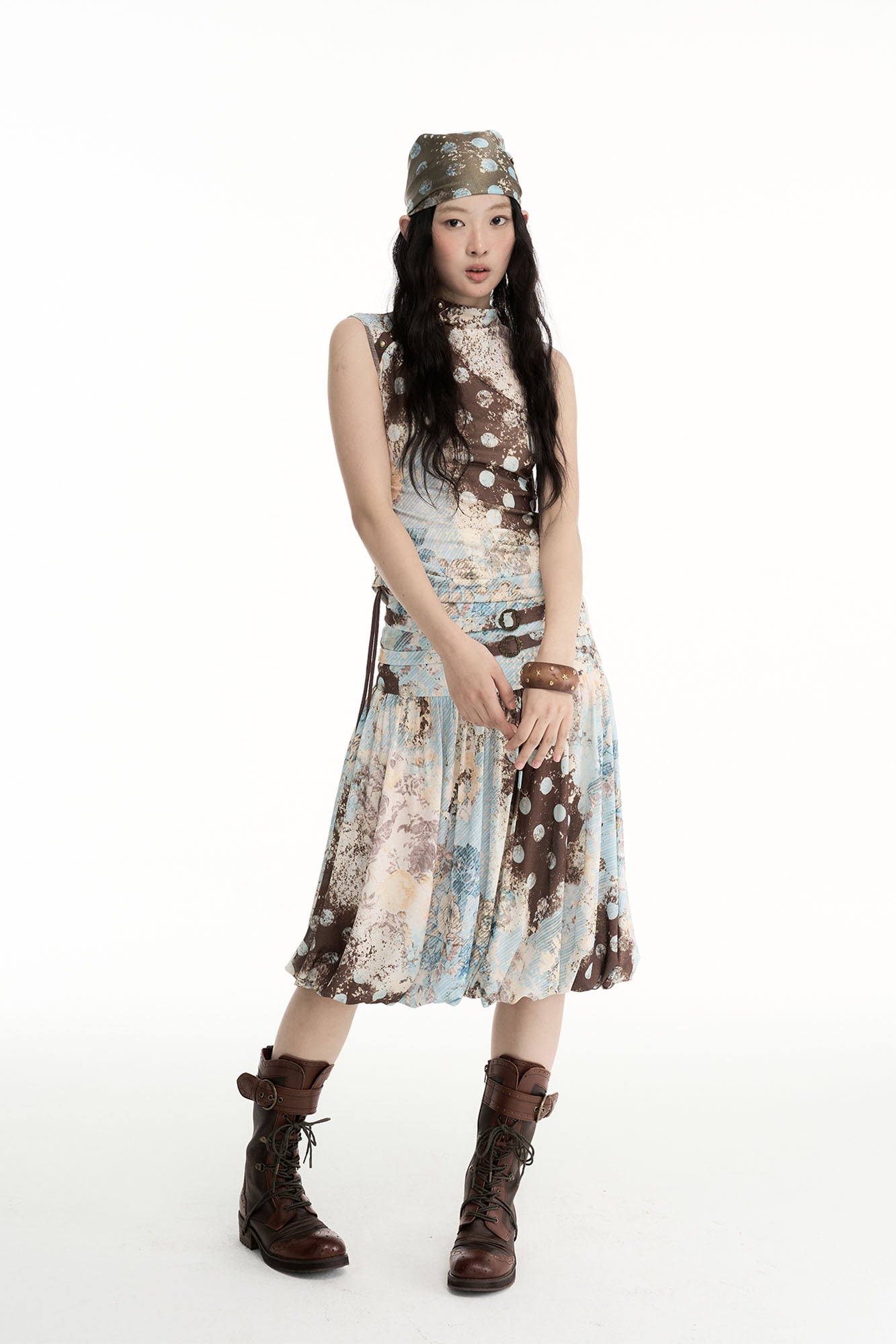 CONFUN Contrast Spliced Floral Drawstring Sleeveless Tee