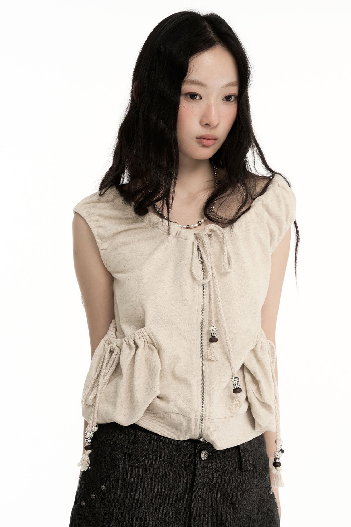 CONFUN Ruched Drawstring Zip-Up Top