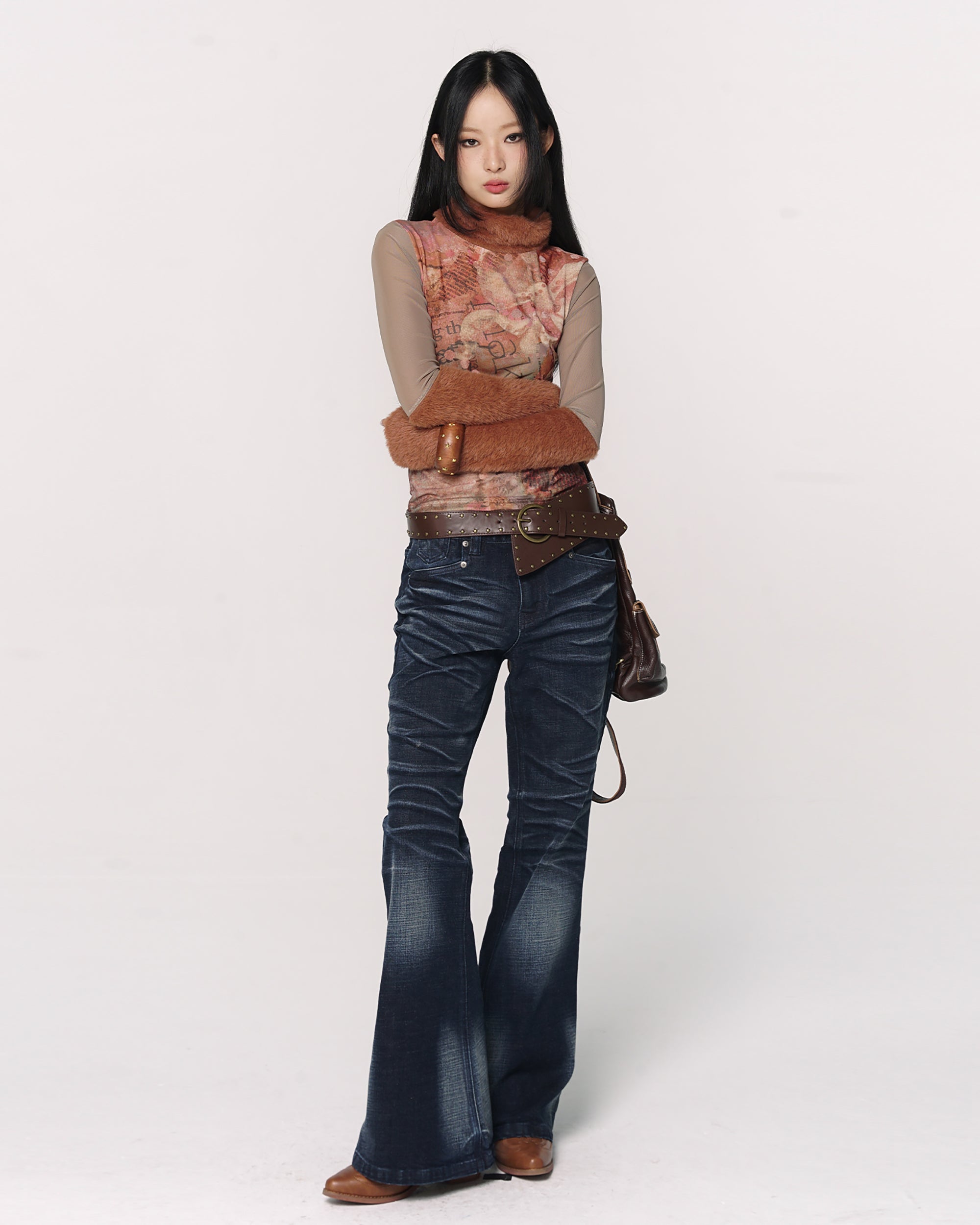CONFUN Retro Whiskered Washed Flared Jeans