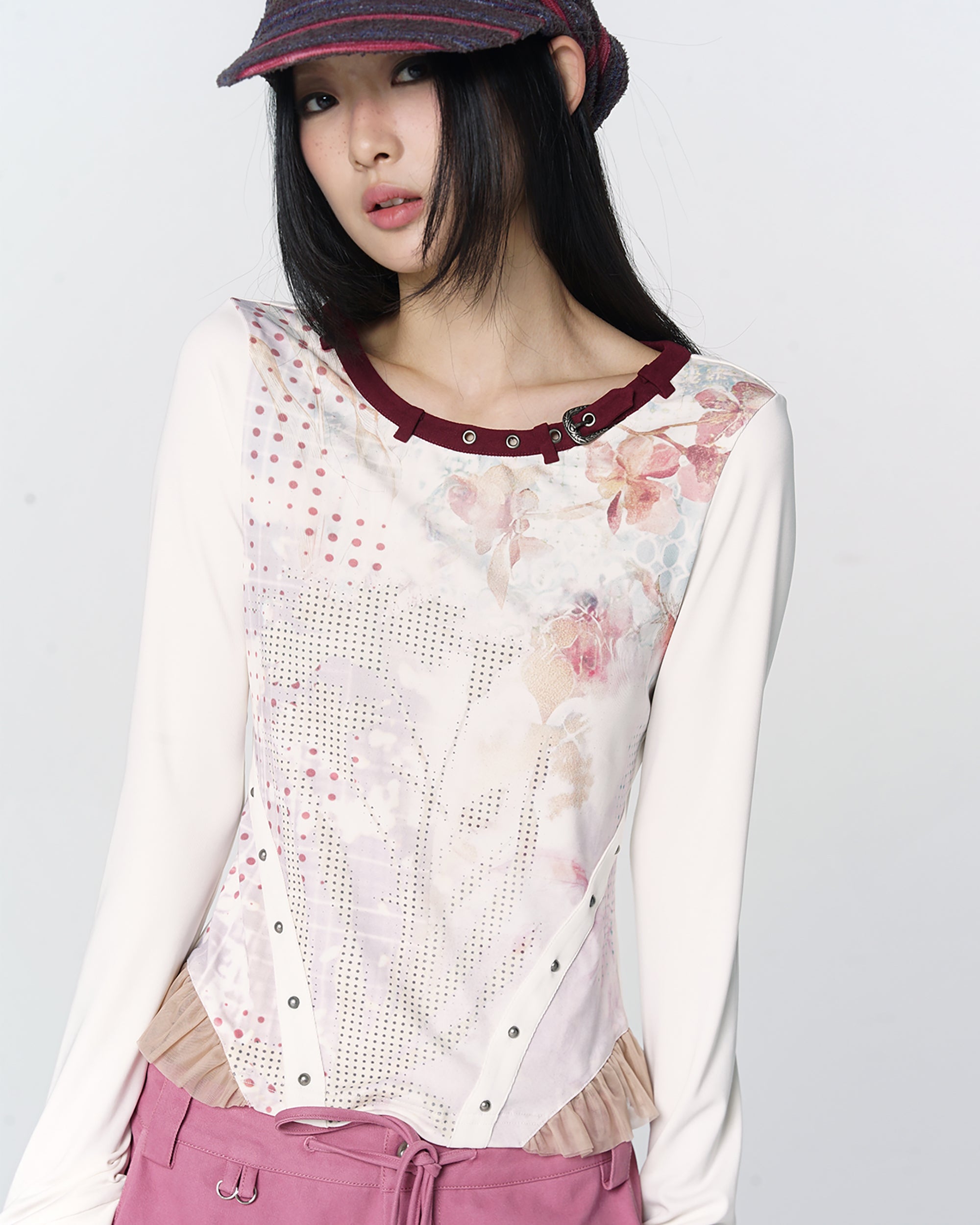 CONFUN Floral Full-Print Rivet Long-Sleeve Tee