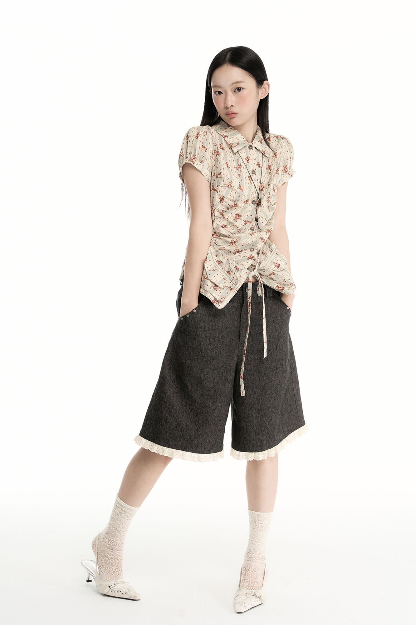 CONFUN Studded Lace-Hem Linen-Cotton Shorts