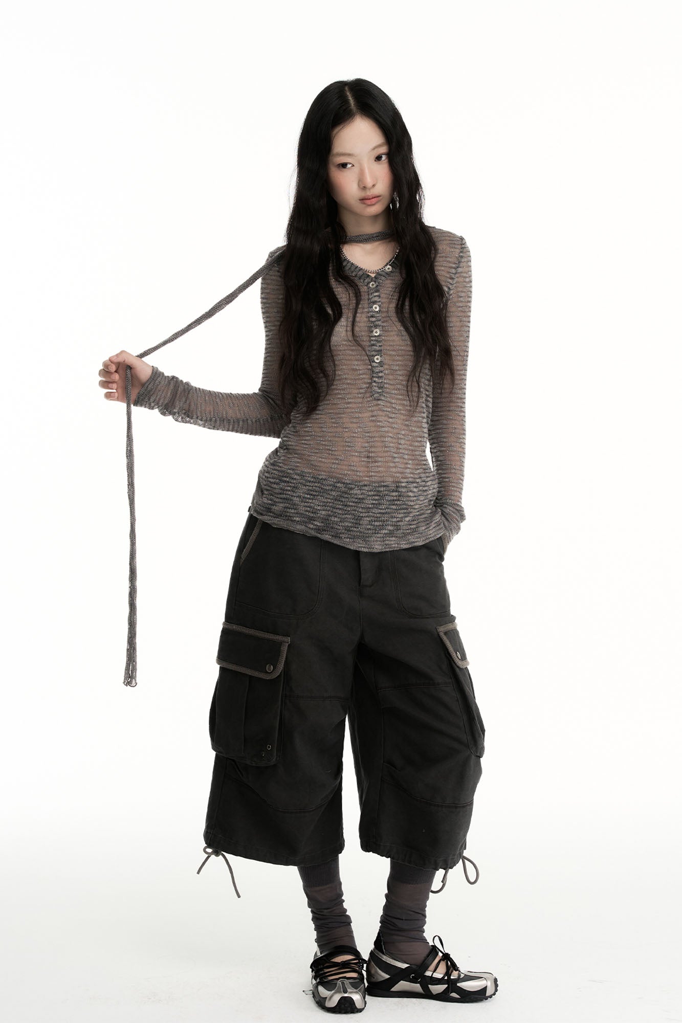 CONFUN Sheer Striped Long-Sleeve Polo Tee