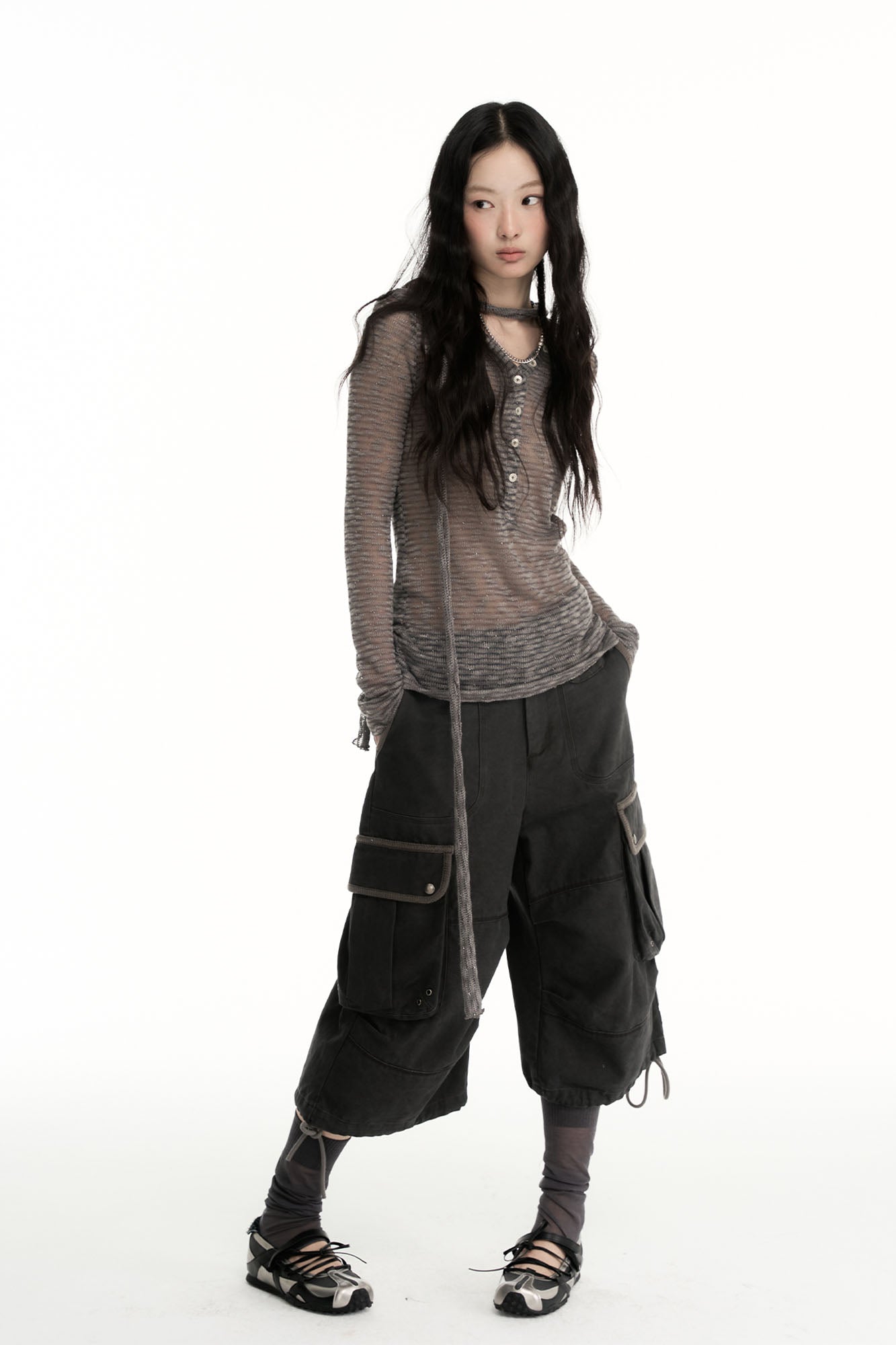 CONFUN Washed Multi-Pockets Cropped Pants