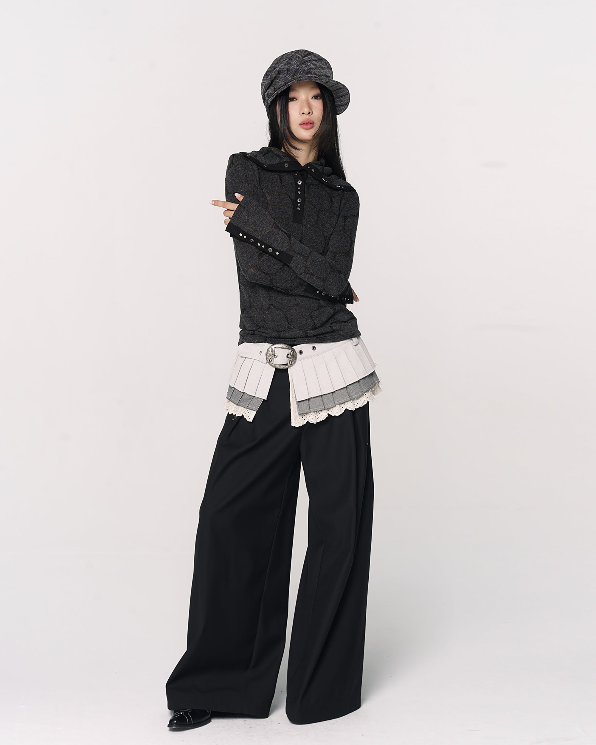 CONFUN Paneled Rivet Jacquard Henley Long-Sleeve Tee