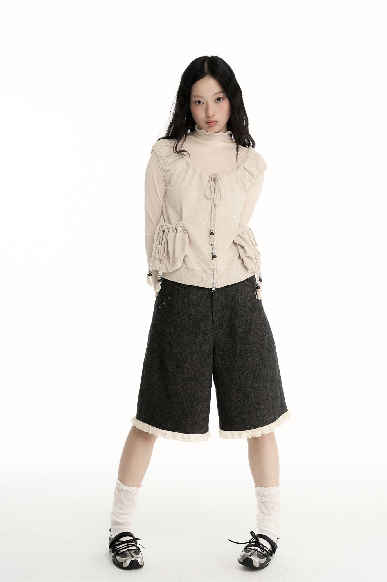 CONFUN Ruched Drawstring Zip-Up Top