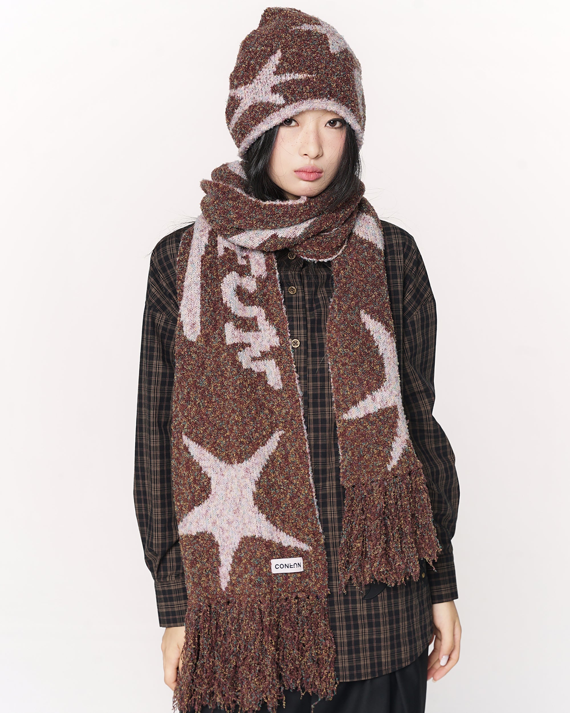 CONFUN Retro Star Bouclé Knit Scarf & Beanie