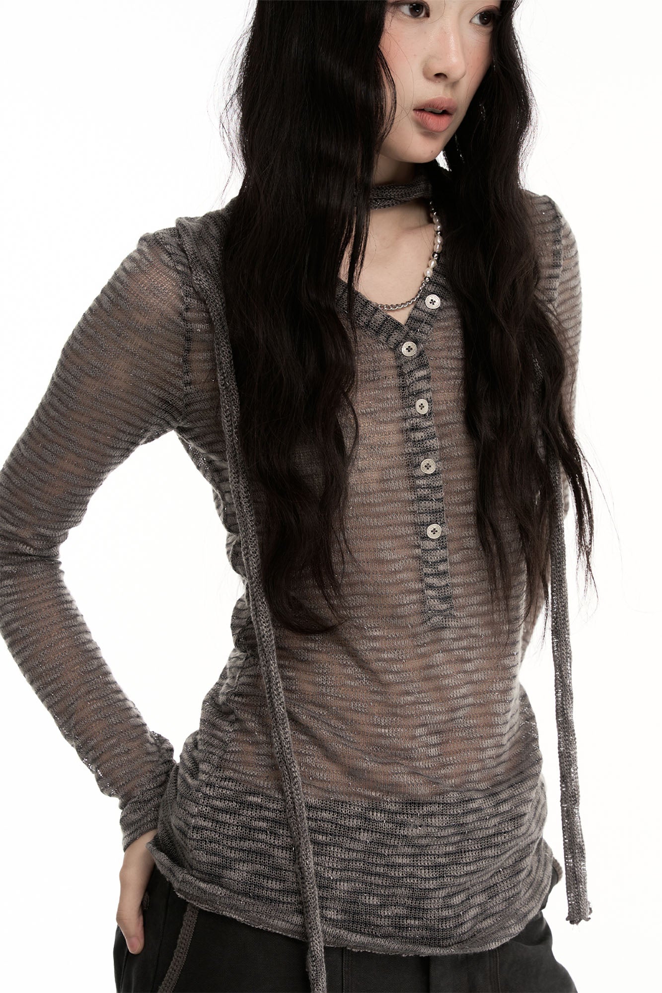 CONFUN Sheer Striped Long-Sleeve Polo Tee