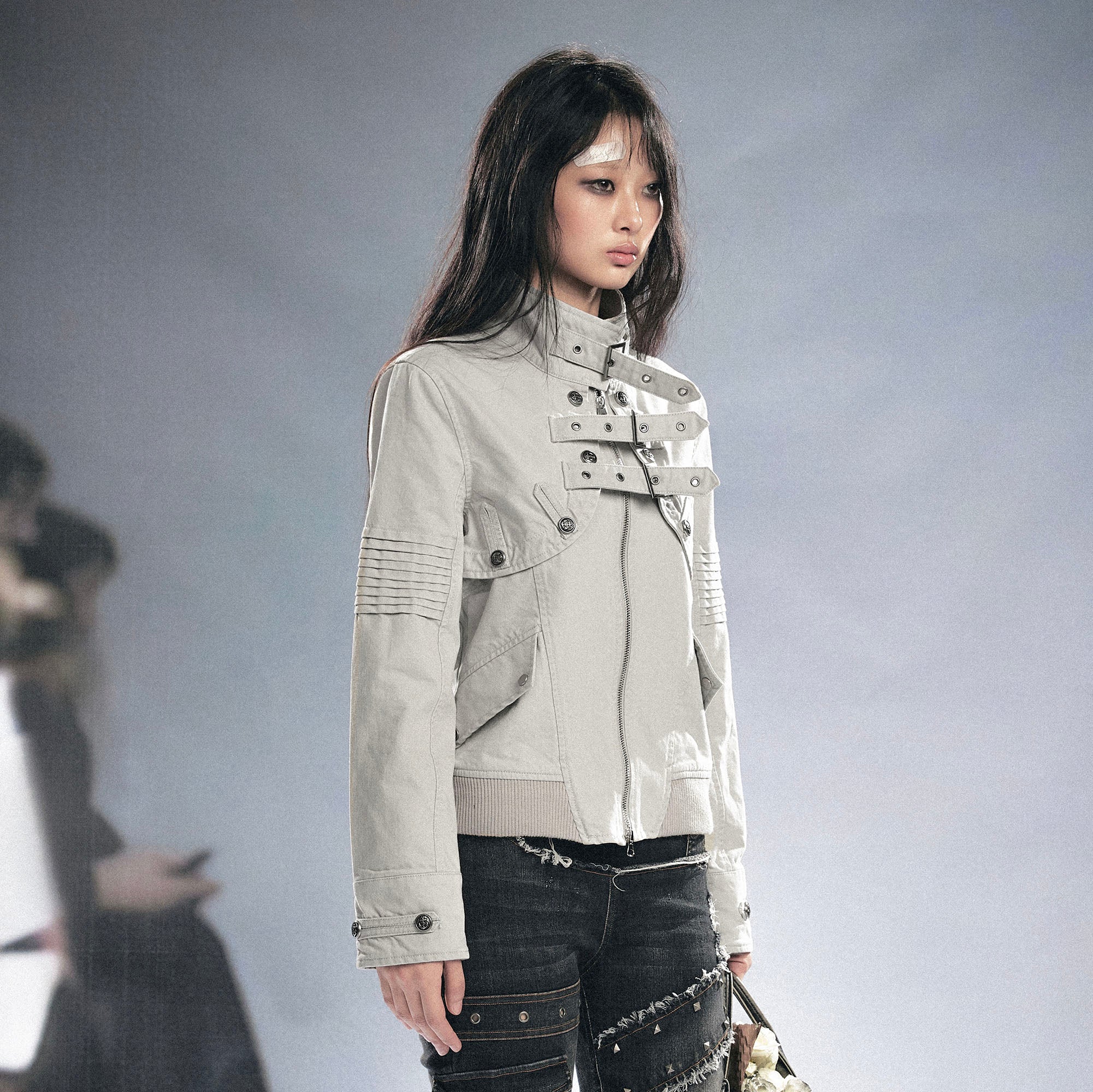 CESTNOUS Detachable Buckle-Strap Lace-Up Back Jacket