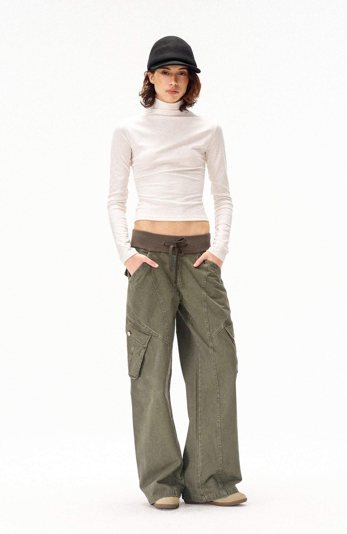 COSTUSTOOT Multi-Pocket Washed Distressed Ribbed Waist Cargo Pants