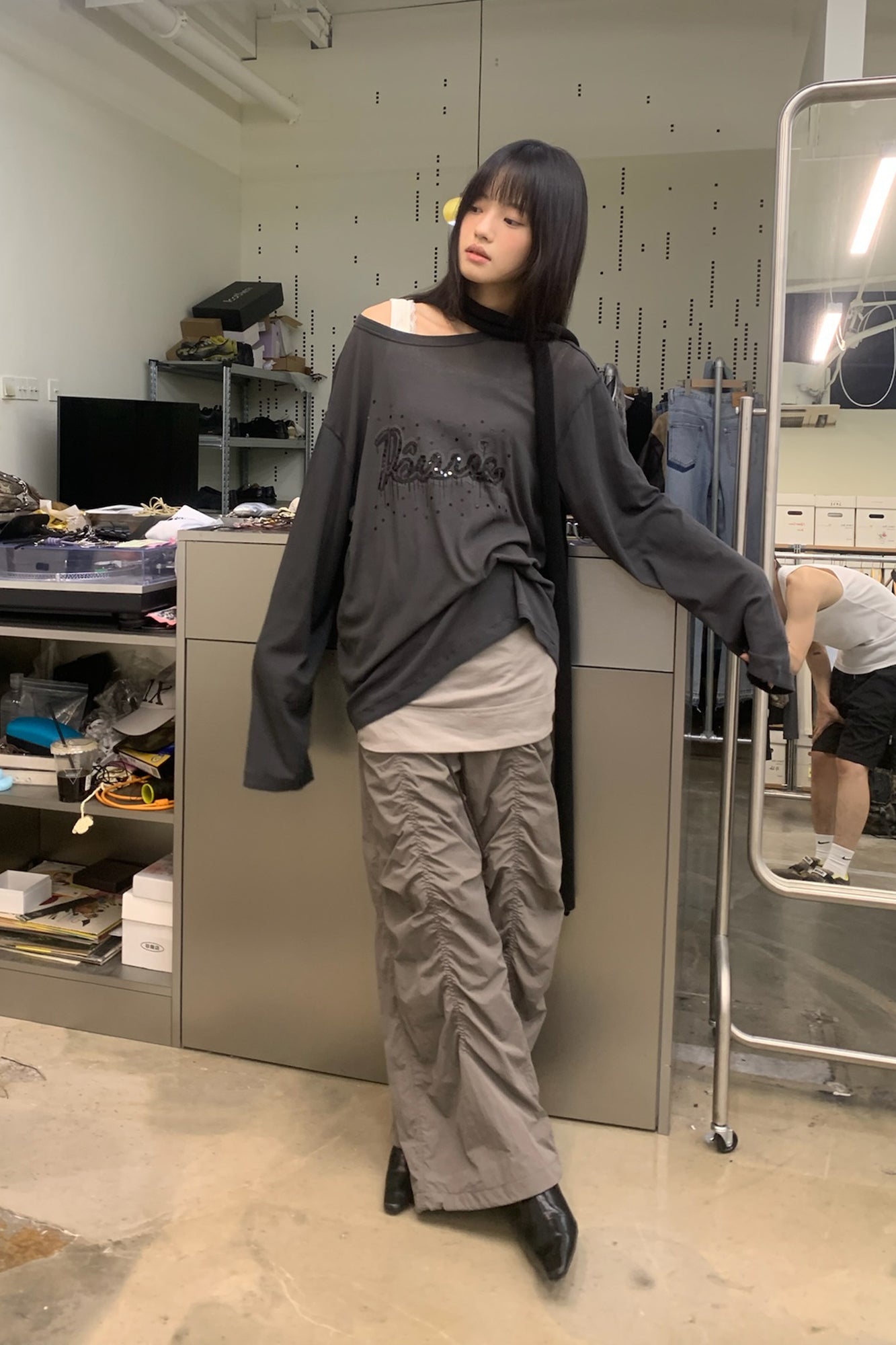 NEVERSEEZ Drawstring Ruched Wide-Leg Utility Pants