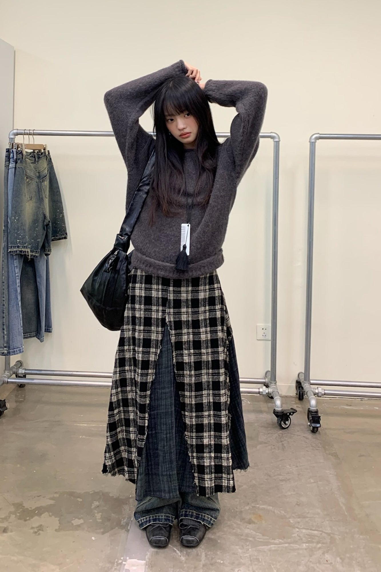 NEVERSEEZ Raw-Edge Plaid Panel Midi Skirt