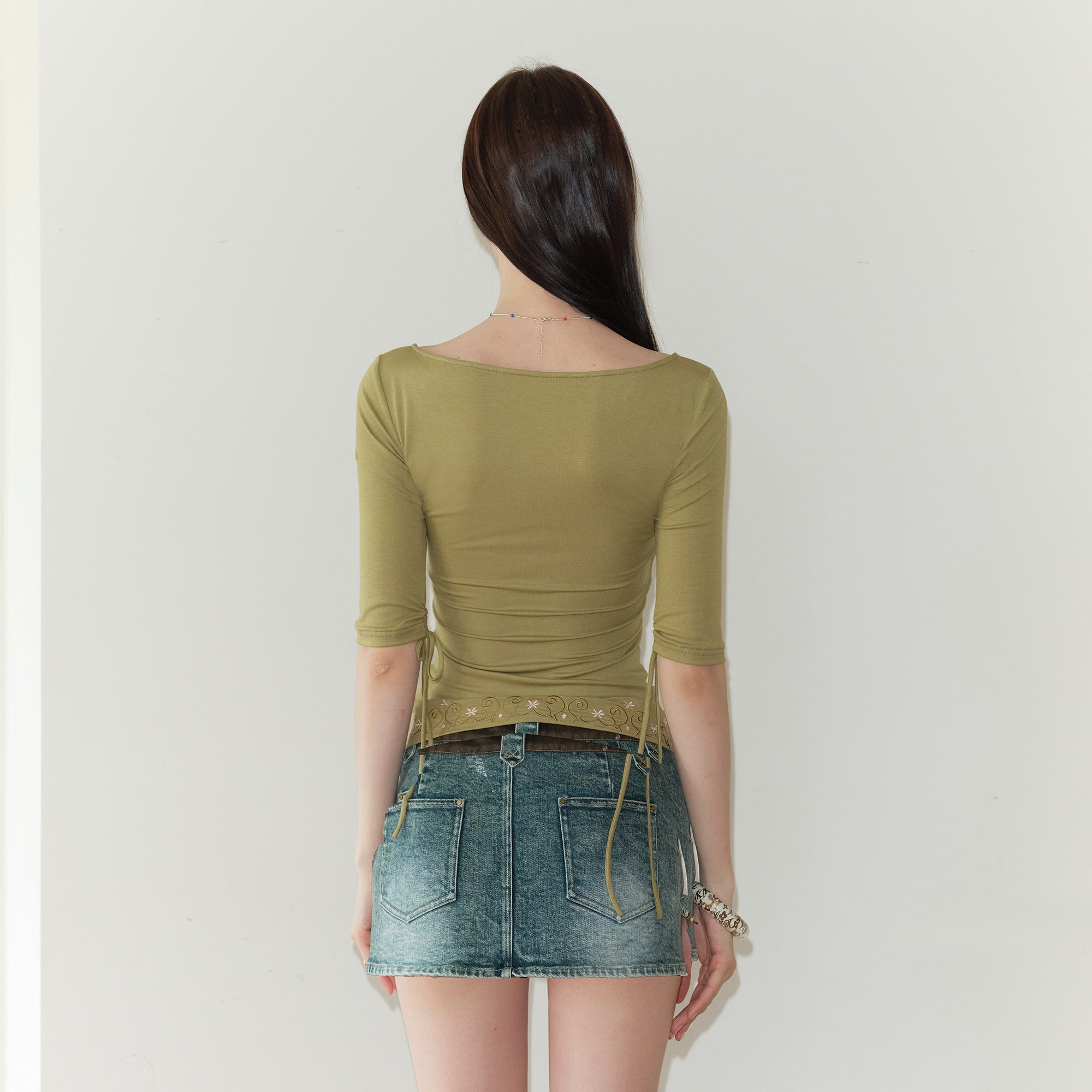 THE NEVERMORE Gathered Keyhole Ruched Embroidered Top
