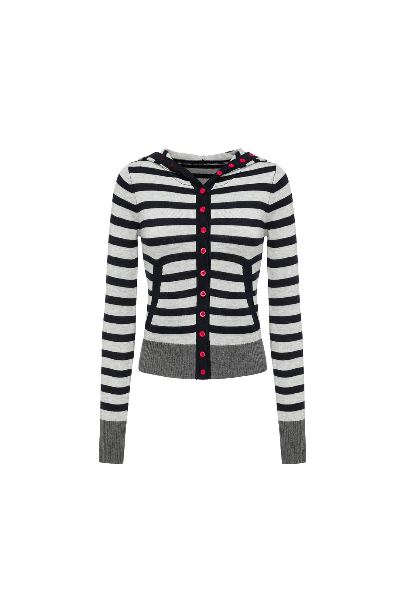 OINIMI Striped Hooded Contrast-Button Cardigan