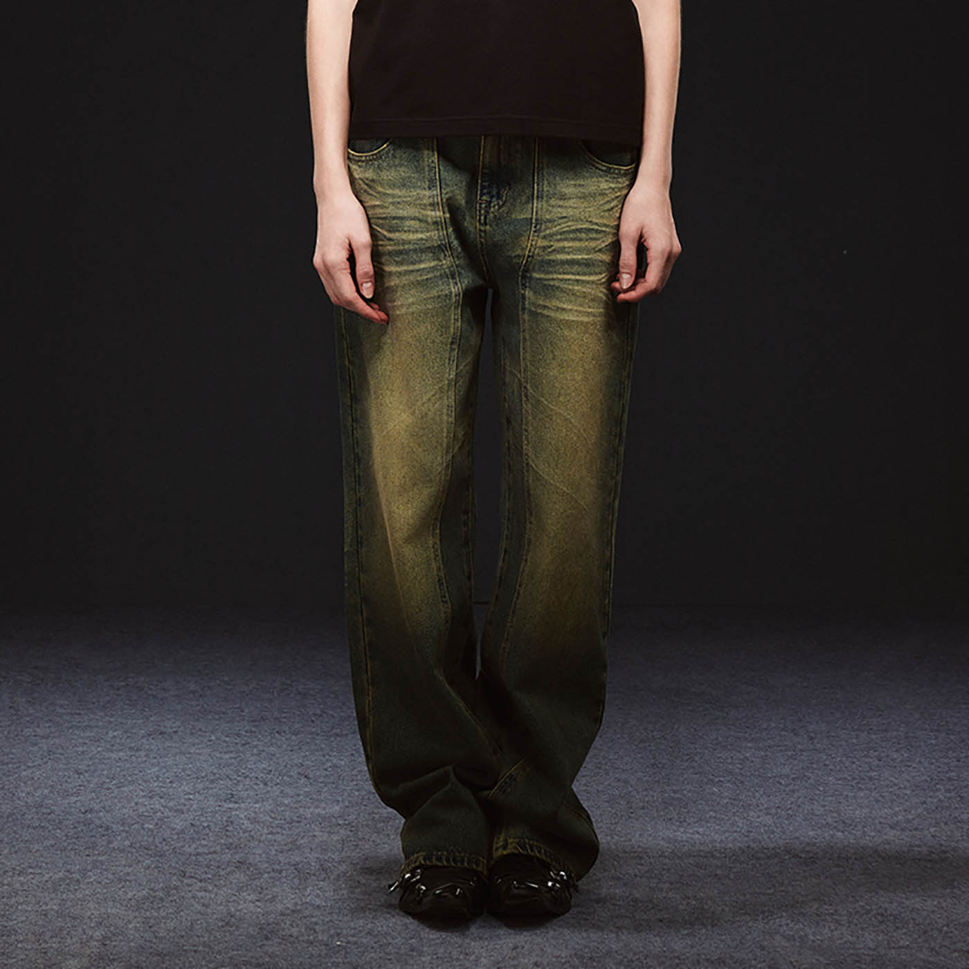 ARTIFICIAL WORLD Crinkled Straight-Leg Washed Jeans, premium urban and streetwear designers apparel on PROJECTISR.com, ARTIFICIAL WORLD