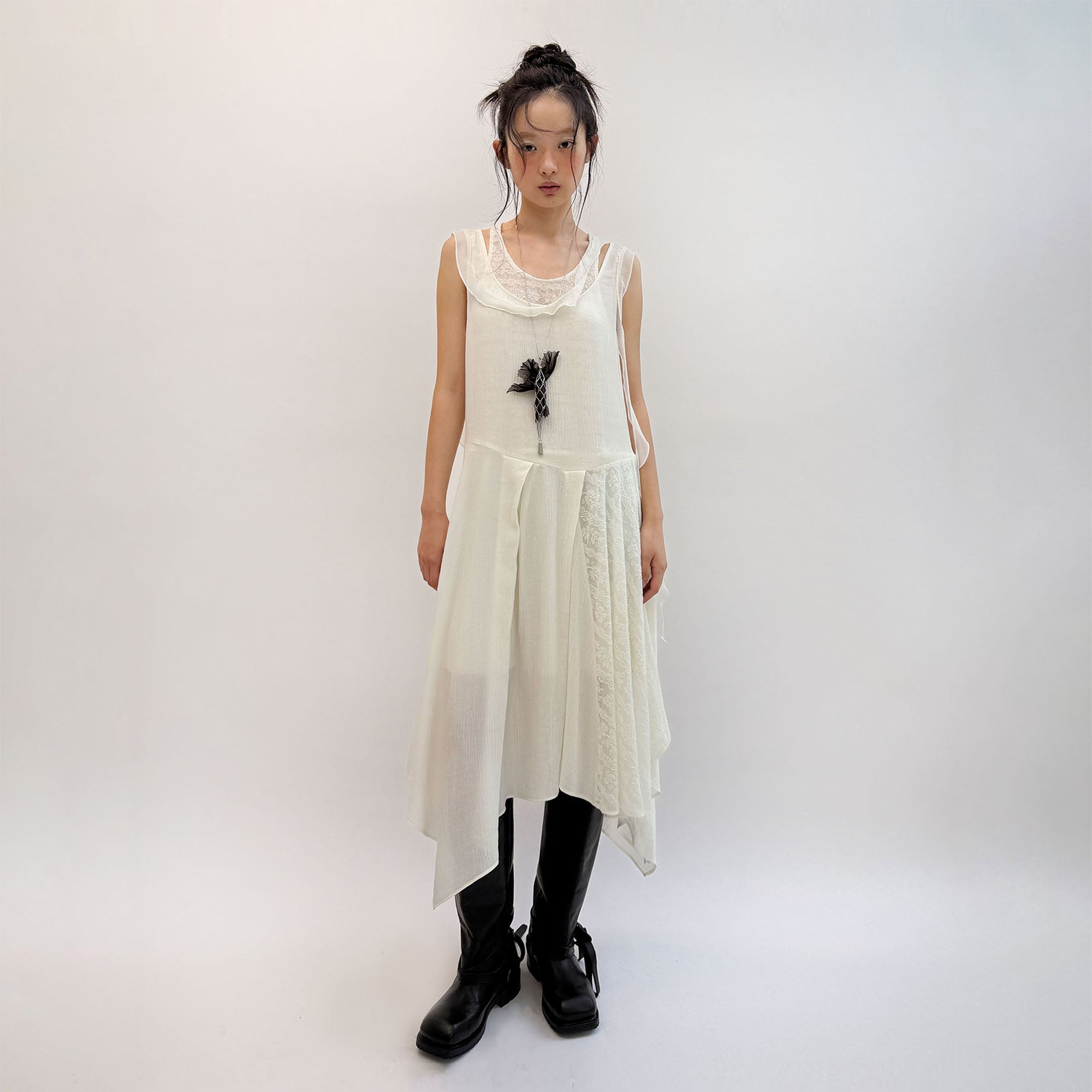 NEVERSEEZ Faux Layered Lace-Panel Wool-Blend Dress