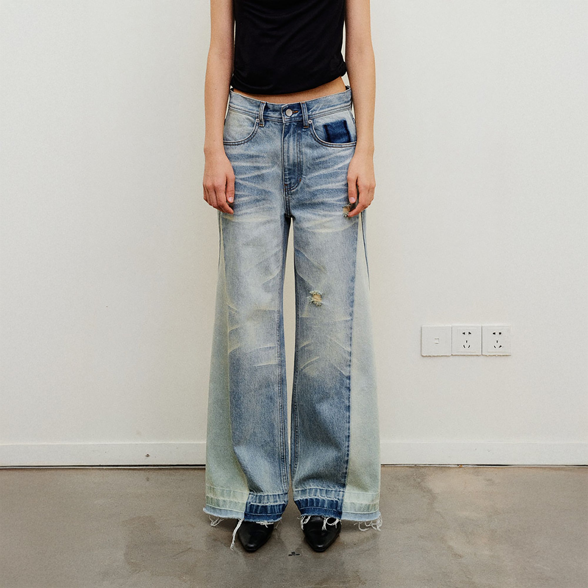 NEVERSEEZ Spliced Washed Whiskered Straight Jeans