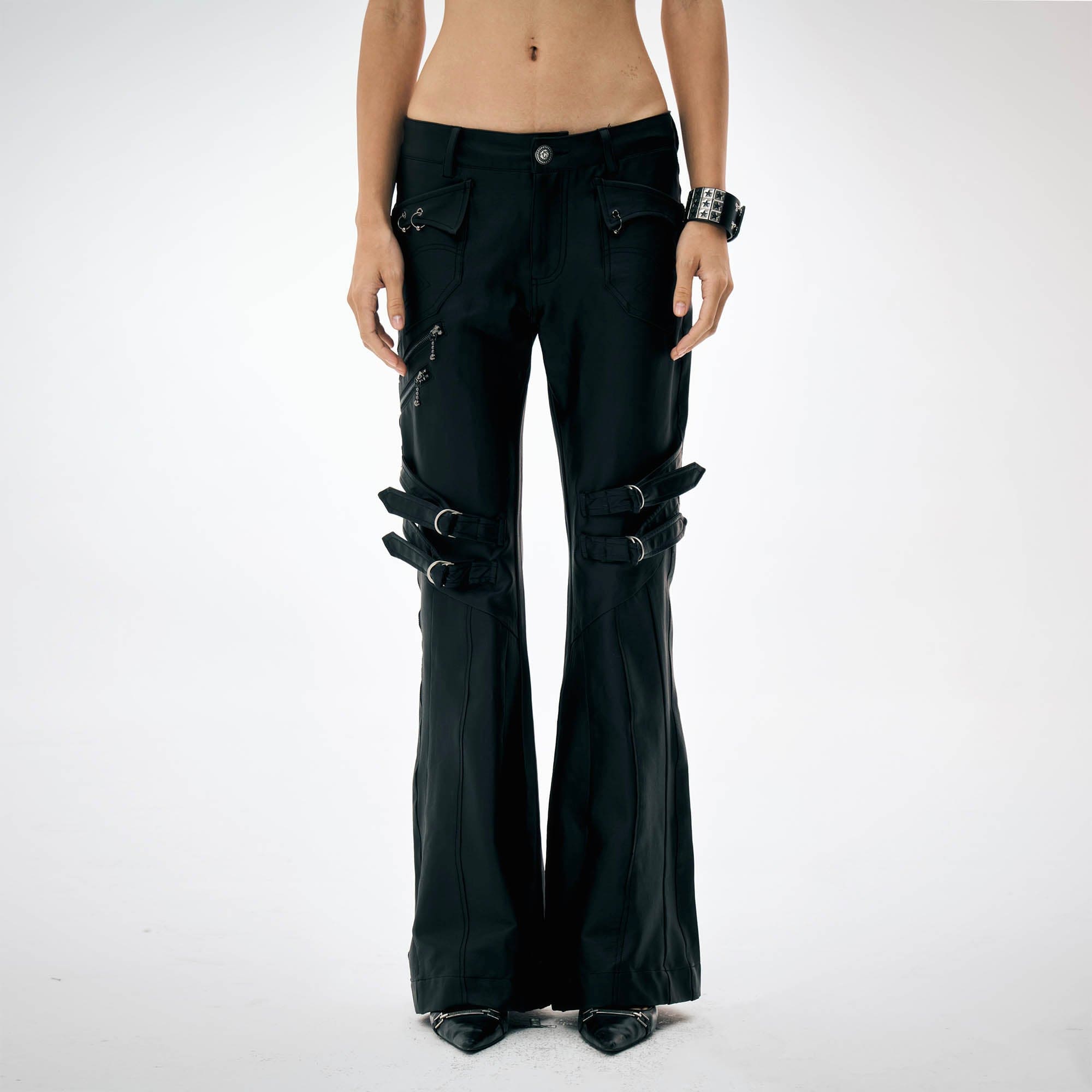 DND4DES×Faychui Waxed Strapped Flared Pants, premium urban and streetwear designers apparel on PROJECTISR.com, DND4DES