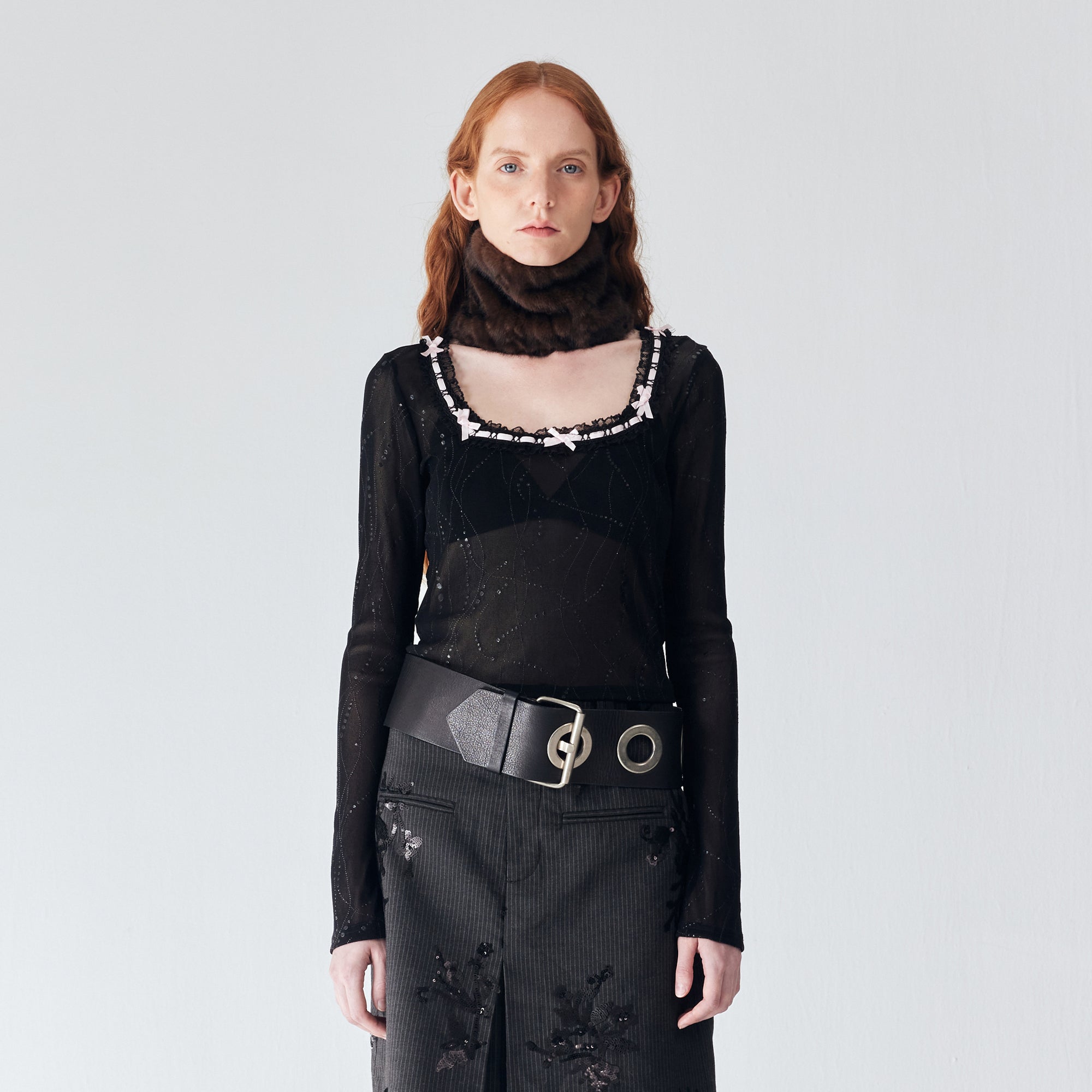 JIUWU PARK Contrast Bow-Trim Mesh Long-Sleeve Tee