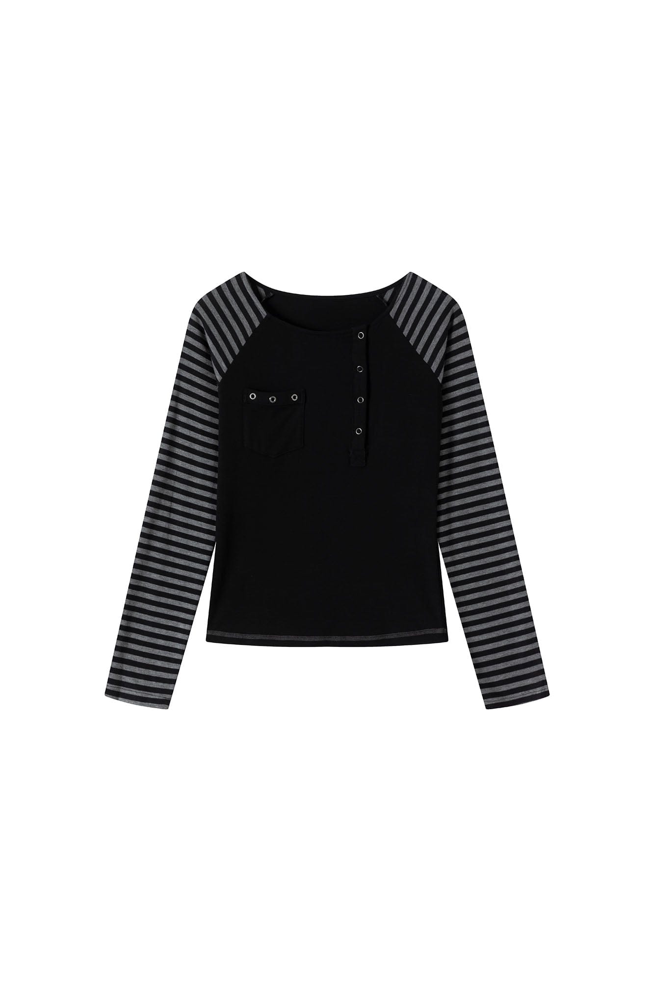 CESTNOUS Striped Sleeve Grommet Henley Tee