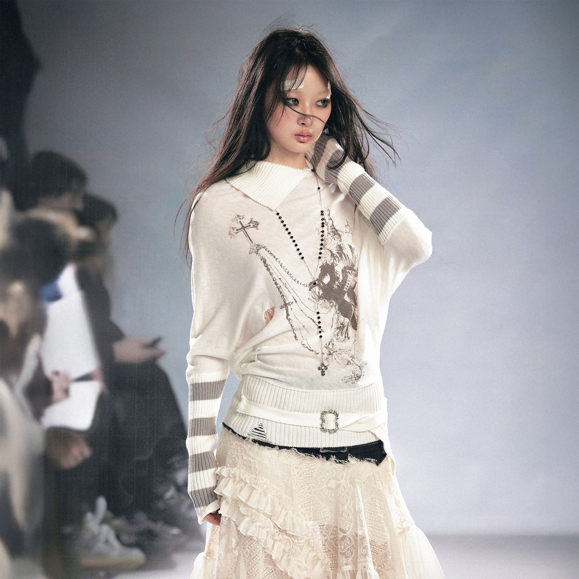 CESTNOUS Gothic Graphic Striped Bat-Sleeve Sweater