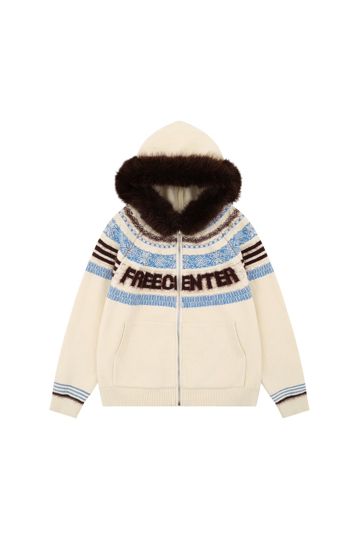 FREE CENTER Retro Fair Isle Detachable Collar Hooded Cardigan