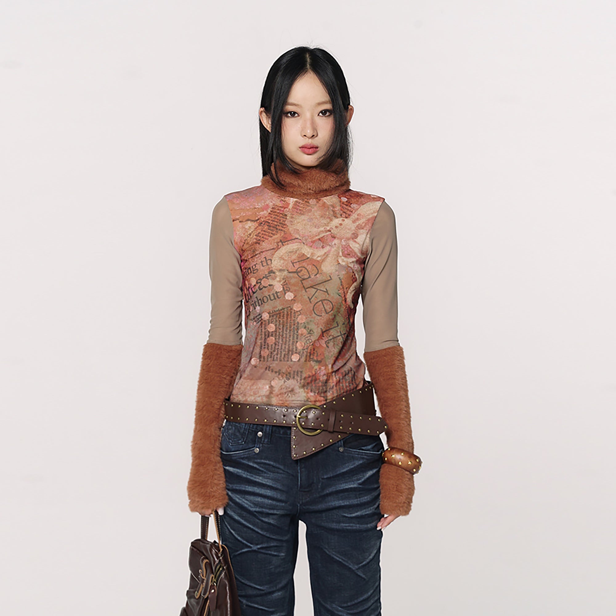 CONFUN Retro Full-Print Paneled Turtleneck Mesh Tee