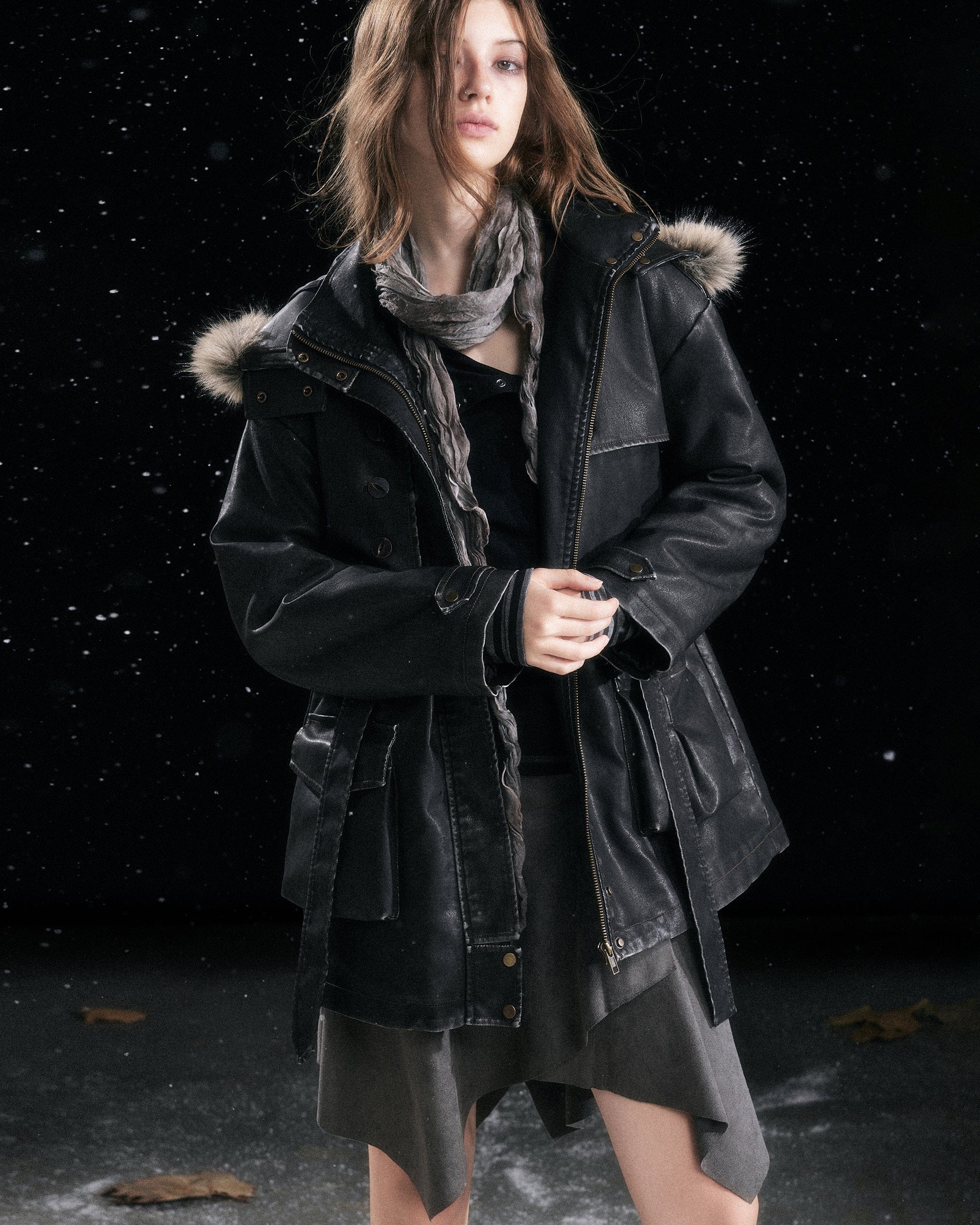 CESTNOUS Distressed Faux-Fur Hood PU Parka Jacket