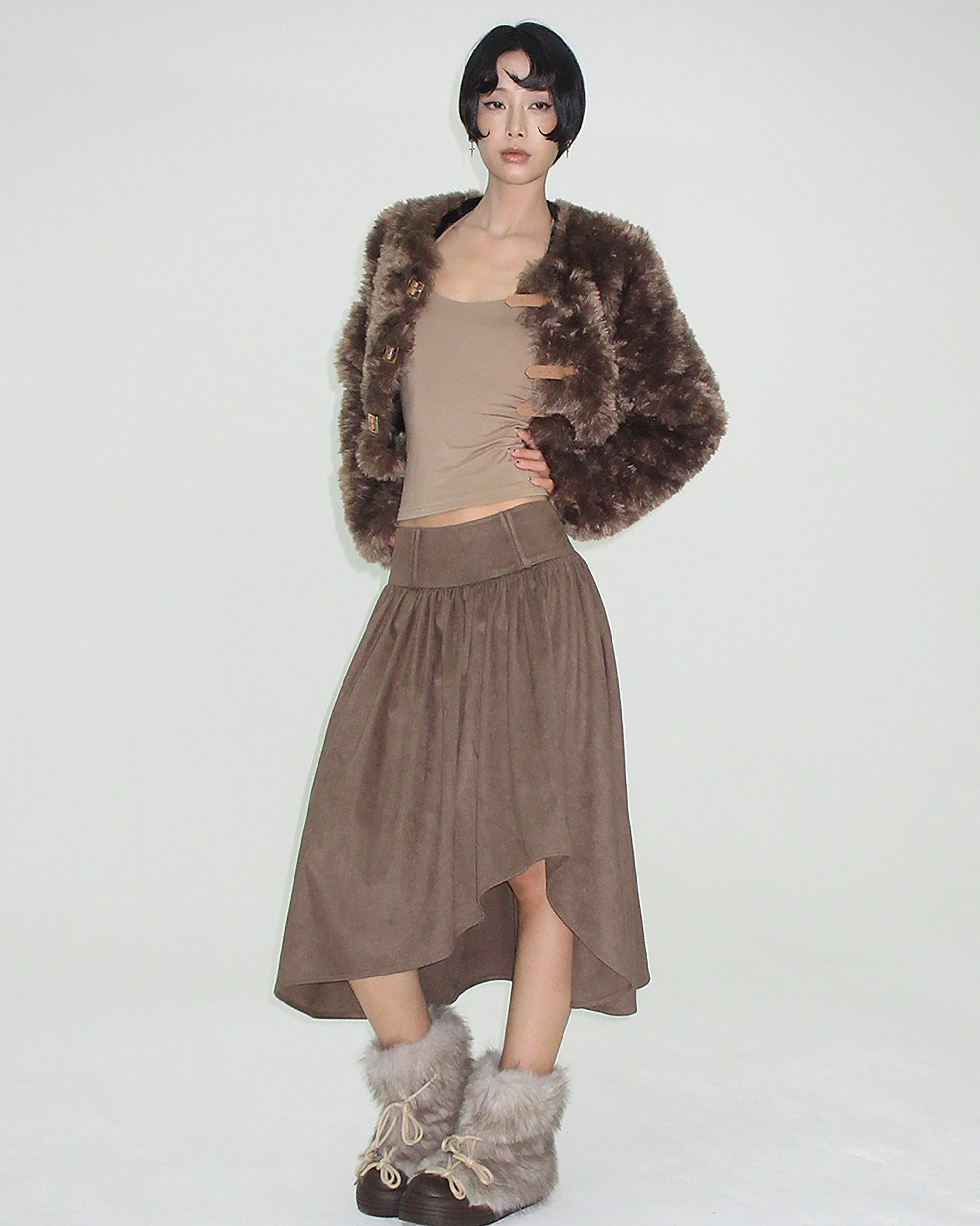 AE30 SAINT Asymmetrical Pleated Faux Suede Skirt