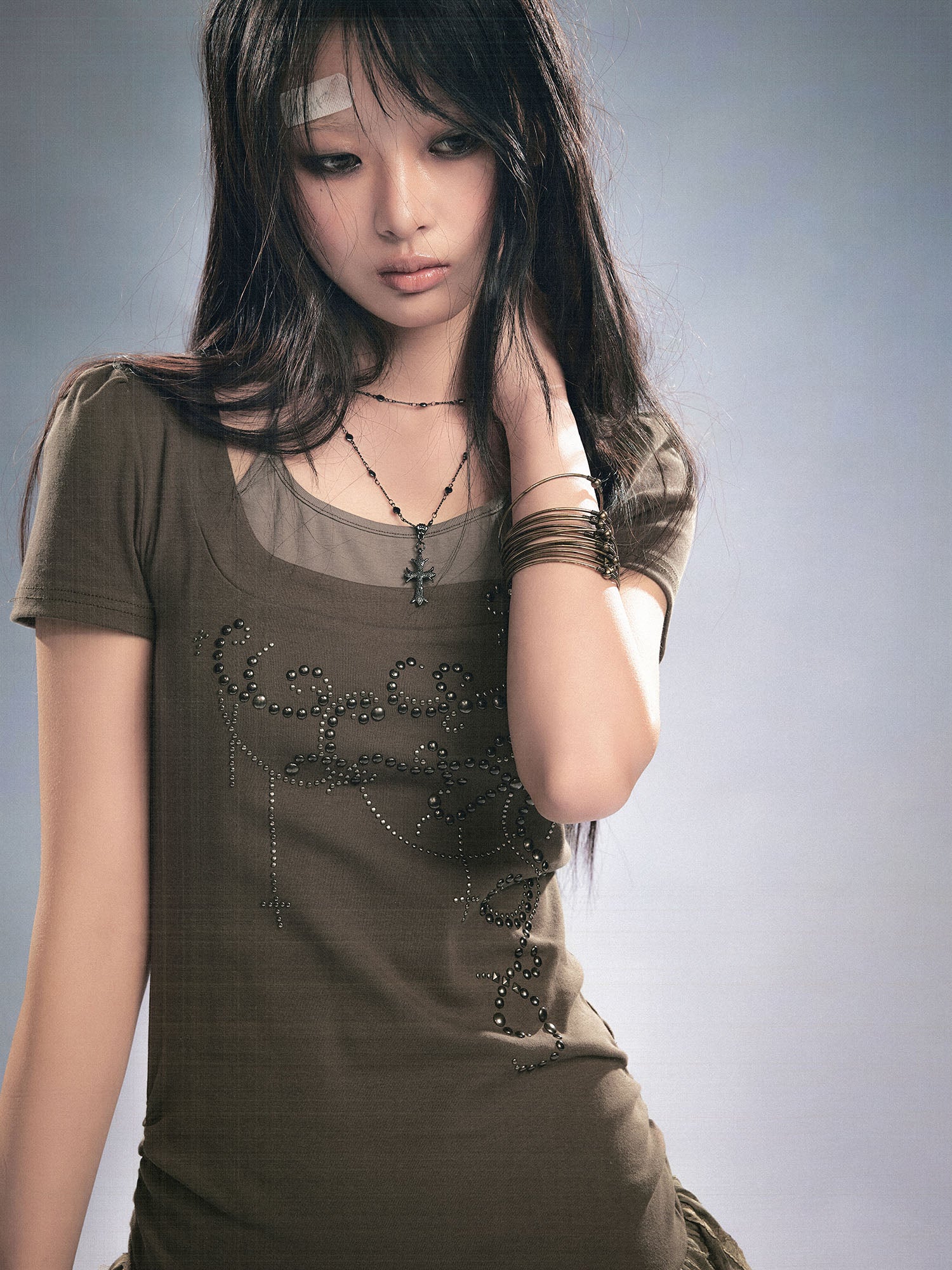 CESTNOUS Studded Faux Layered Ruffle Hem Dress