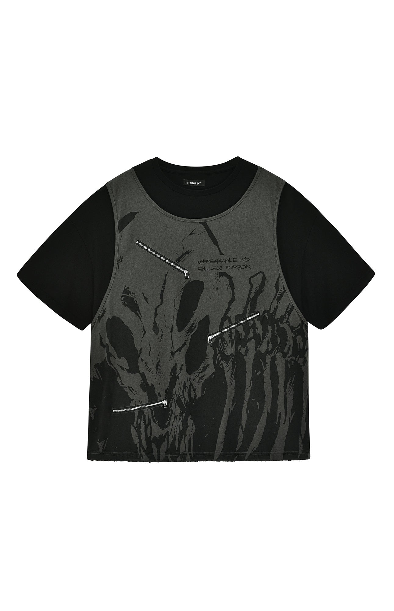 VENTUREK Washed Horror Graphic Layered Multi-Zip Tee, premium urban and streetwear designers apparel on PROJECTISR.com, VENTUREK
