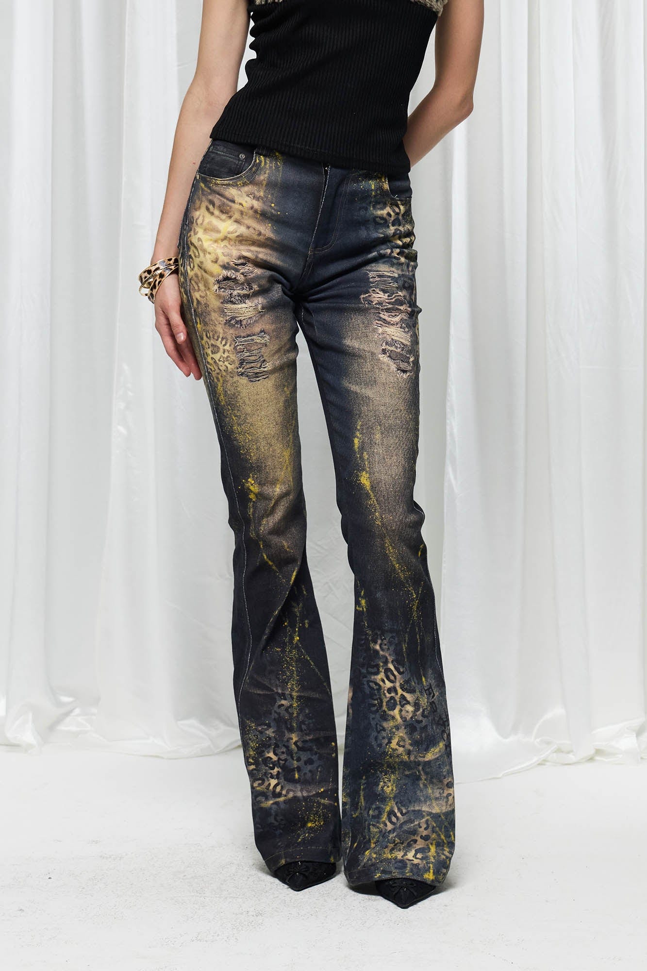 DND4DES×Faychui Distressed Leopard Splattered Flared Jeans, premium urban and streetwear designers apparel on PROJECTISR.com, DND4DES