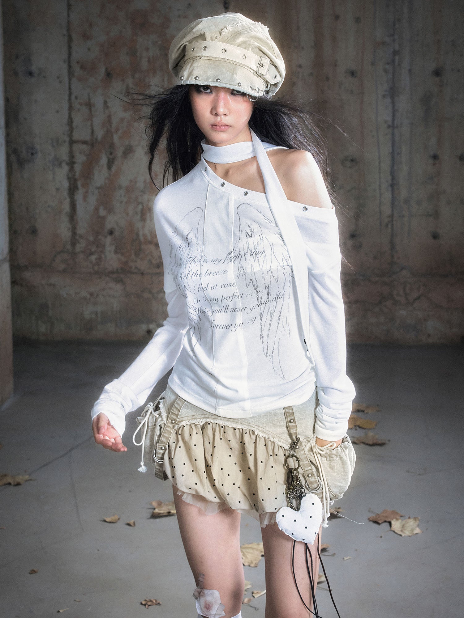 CESTNOUS Asymmetric Tie-Drape Cross Panel Long-Sleeve Tee