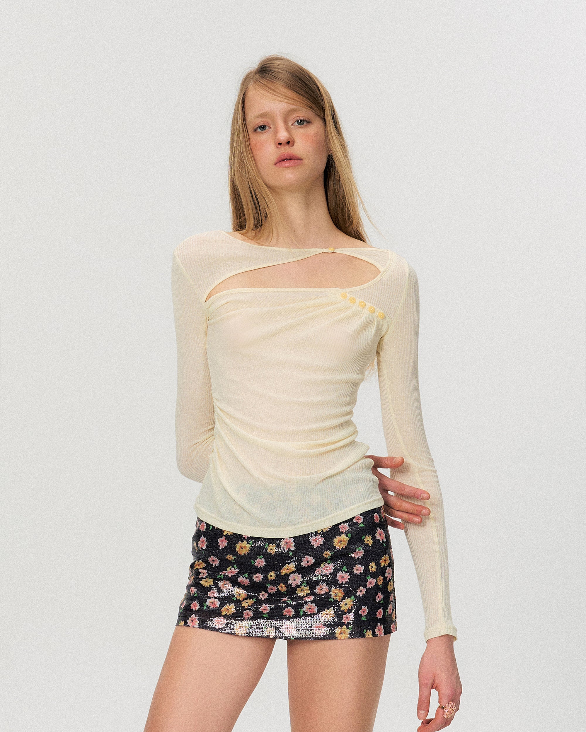 THE NEVERMORE Asymmetric Sheer Cutout Ruched Top