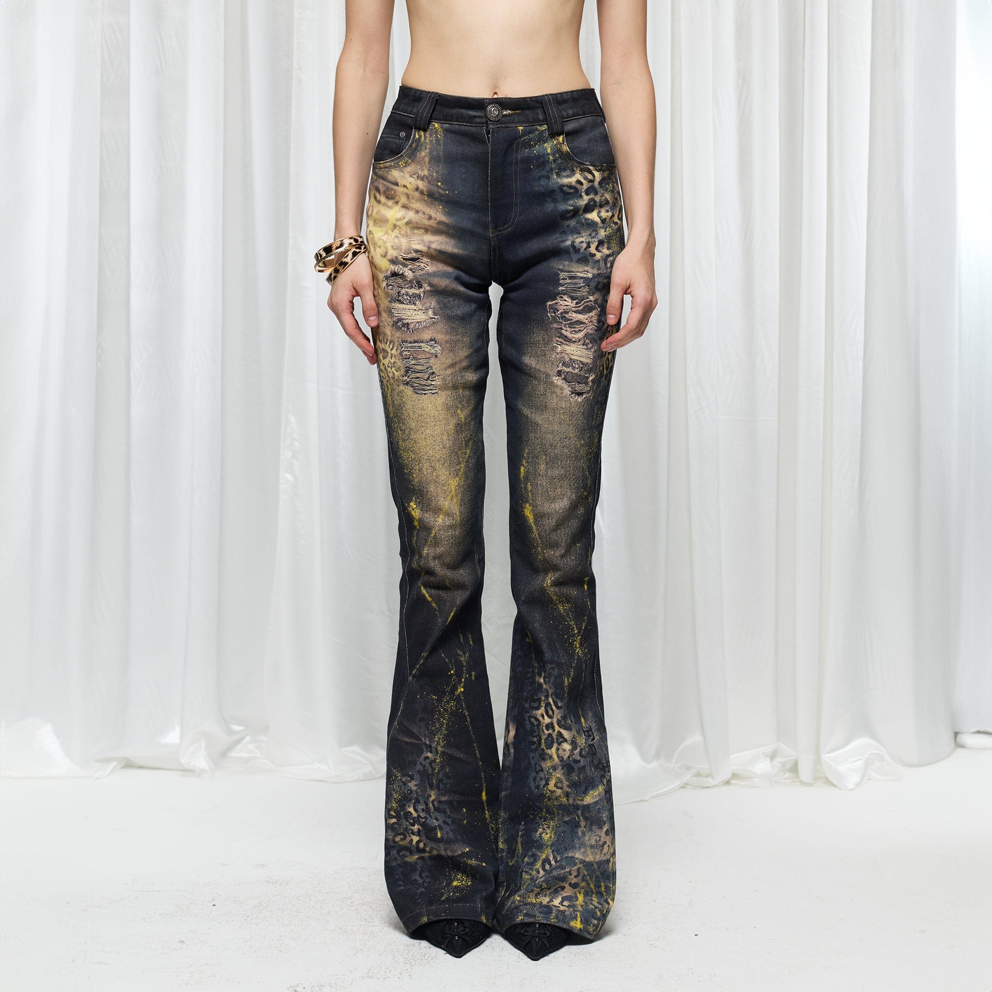 DND4DES×Faychui Distressed Leopard Splattered Flared Jeans, premium urban and streetwear designers apparel on PROJECTISR.com, DND4DES