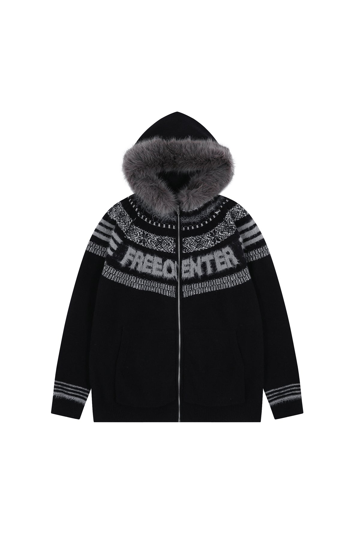 FREE CENTER Retro Fair Isle Detachable Collar Hooded Cardigan