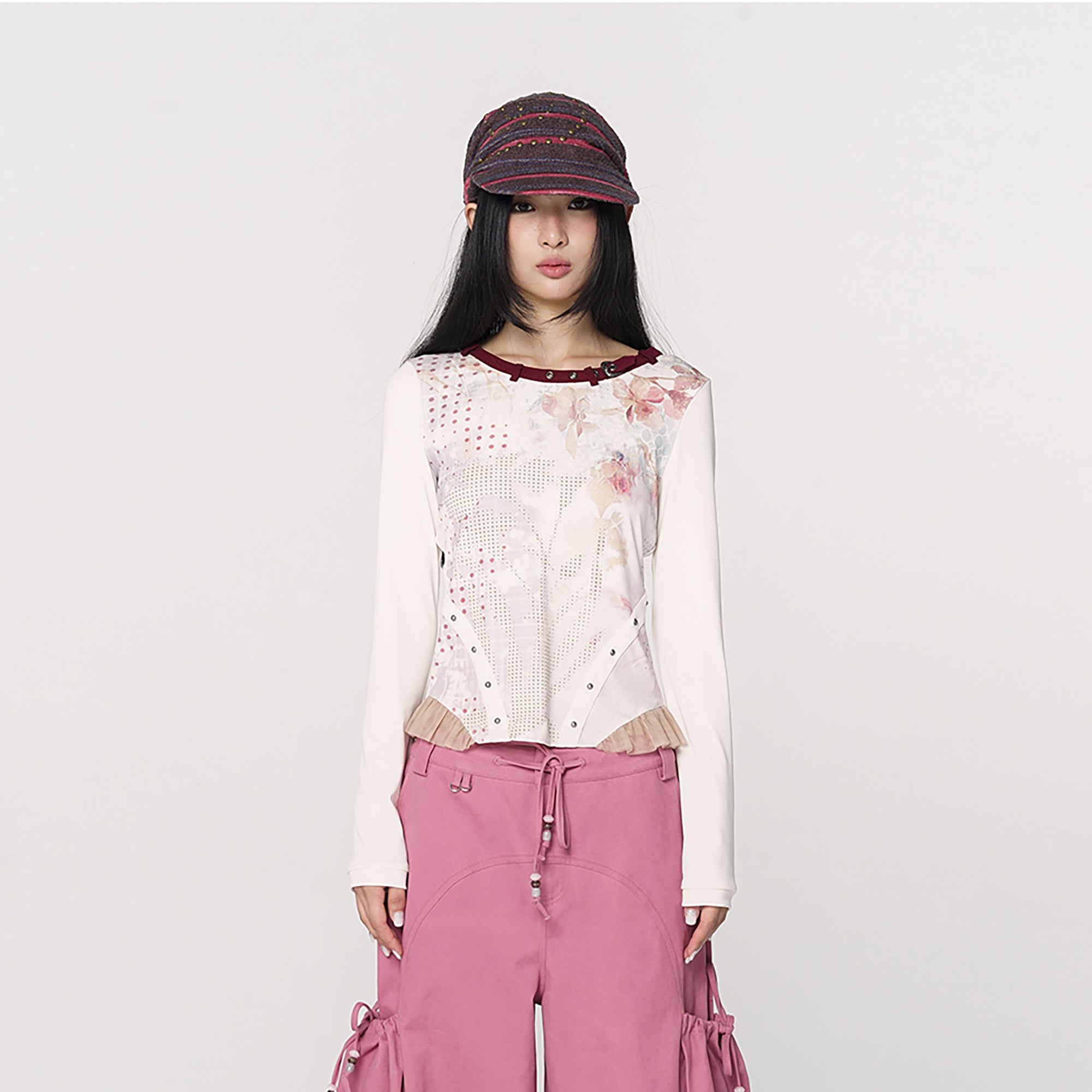 CONFUN Floral Full-Print Rivet Long-Sleeve Tee