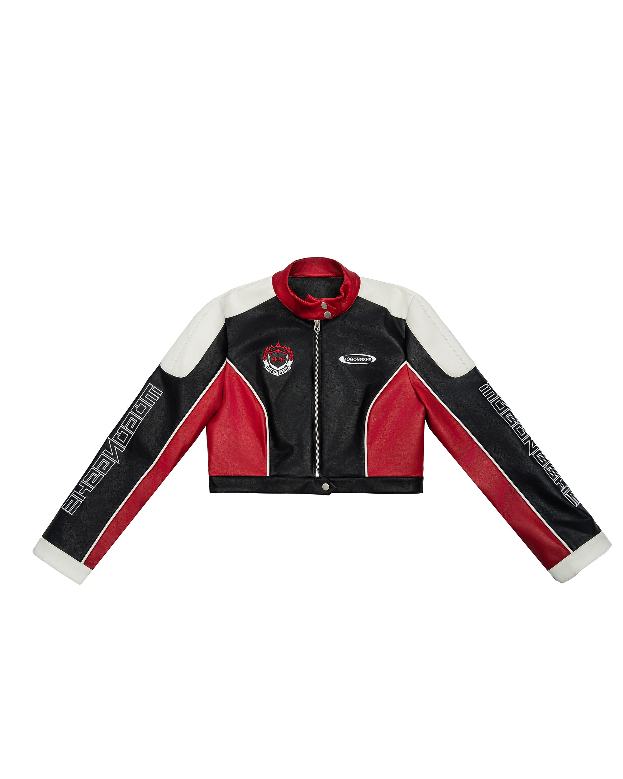 MOGONGSHE Contrast Spliced Faux Leather Moto Jacket